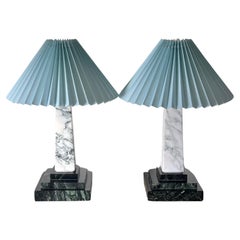 A pair of vintage Italian marble lamps with pleated shades, mid 20th century