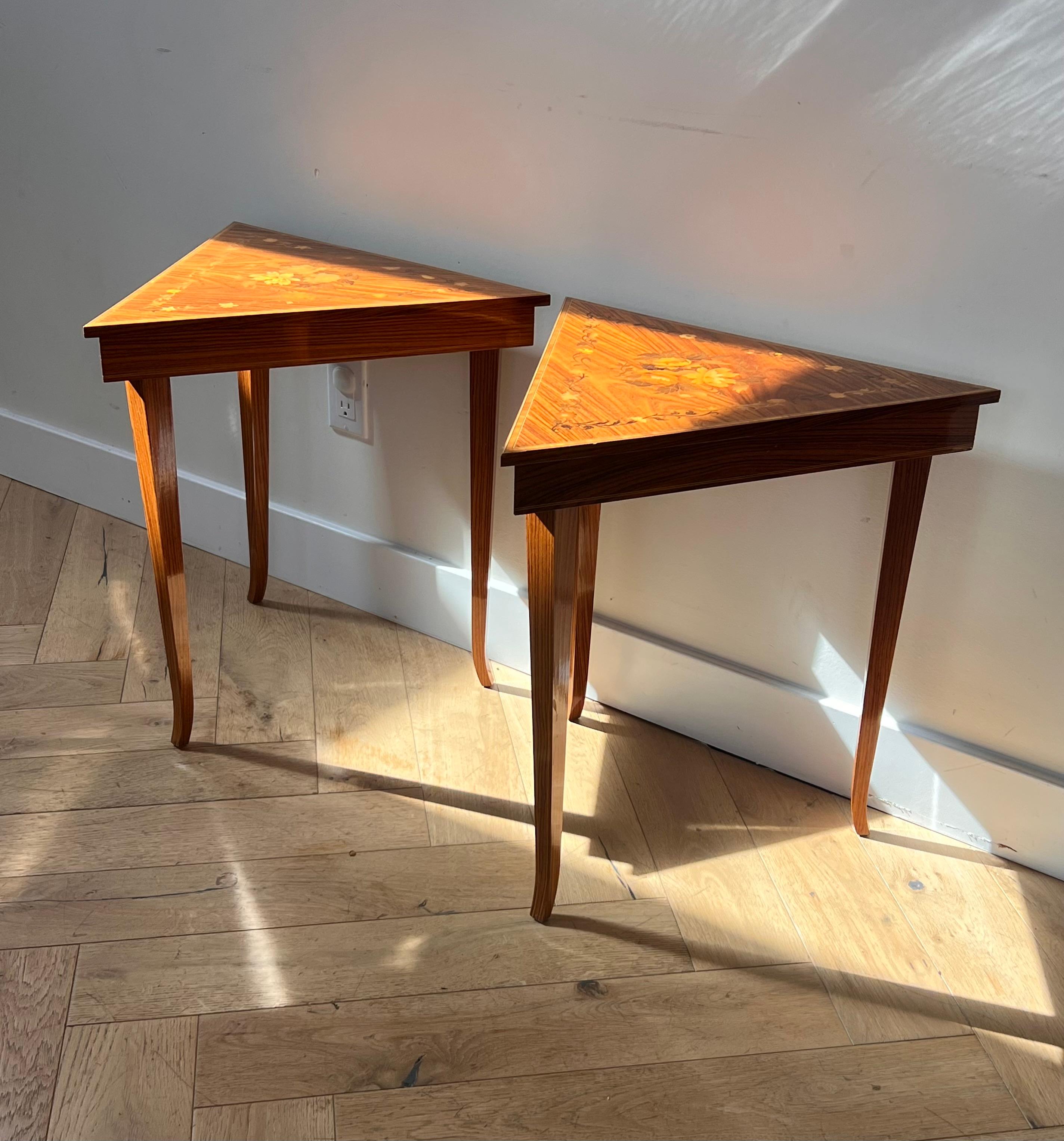 A pair of vintage Italian marquetry music-box side tables, 1960s 5