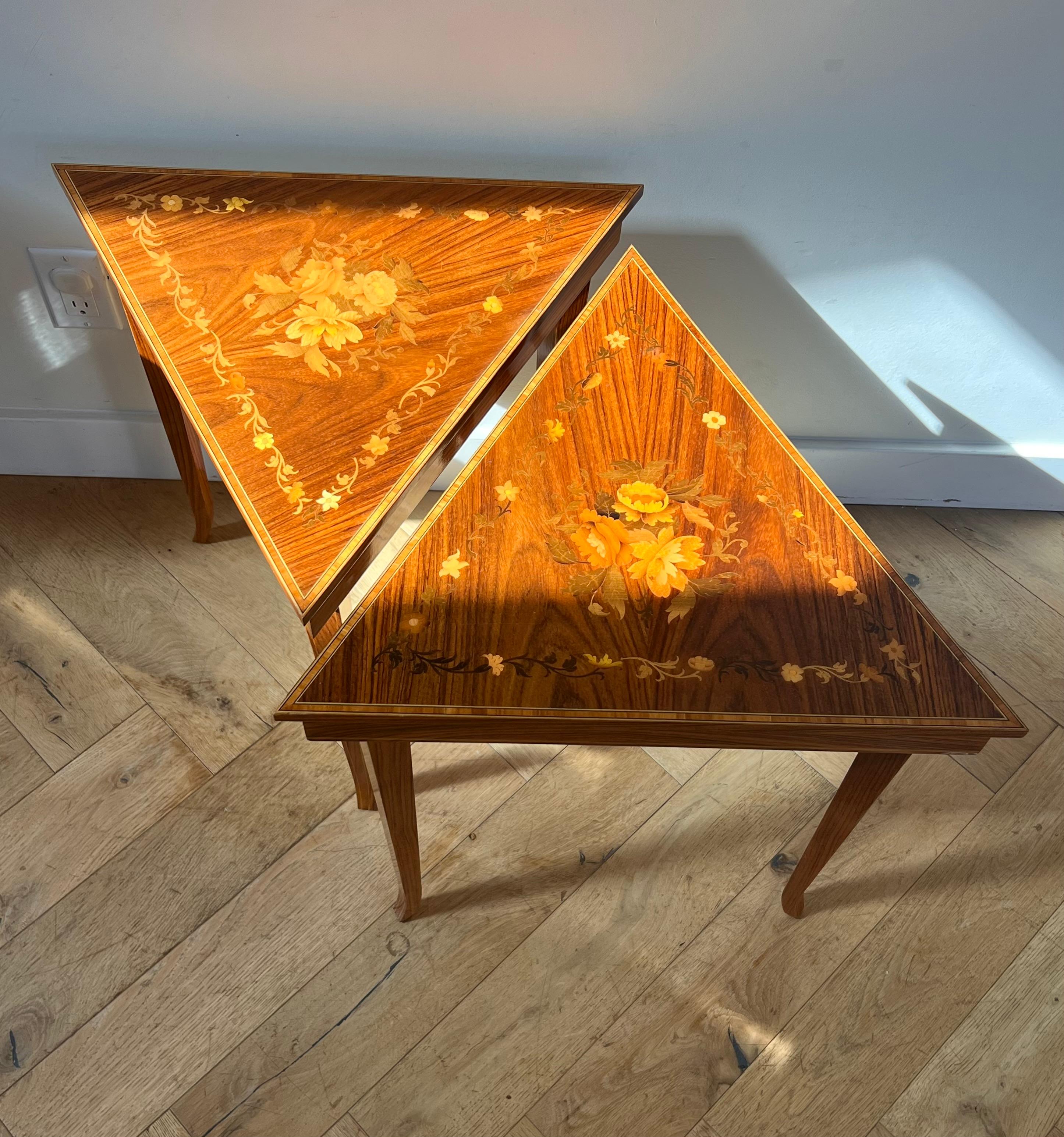 A pair of vintage Italian marquetry music-box side tables, 1960s 8