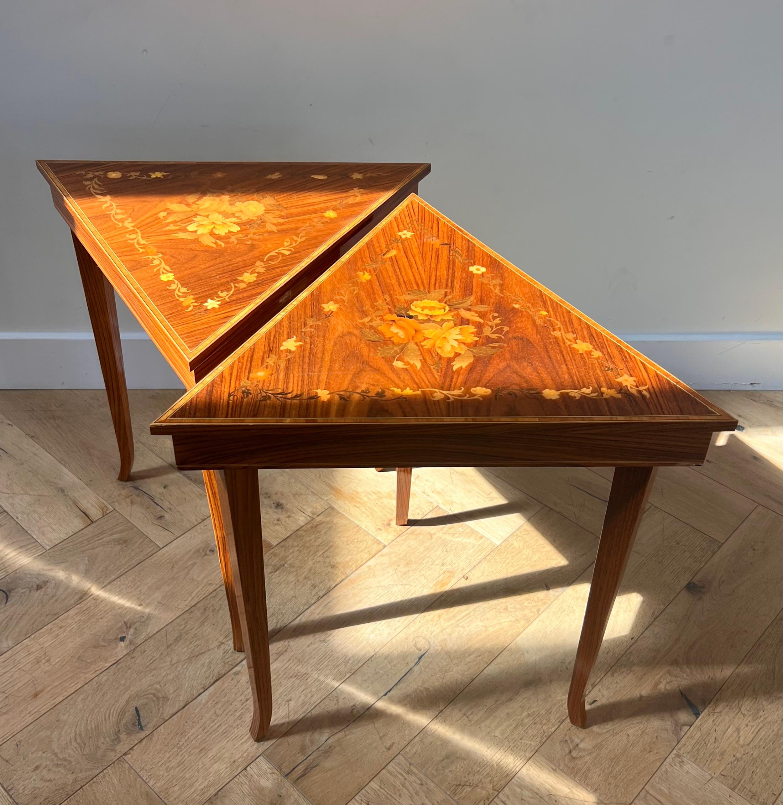 A pair of vintage Italian marquetry music-box side tables, 1960s 9