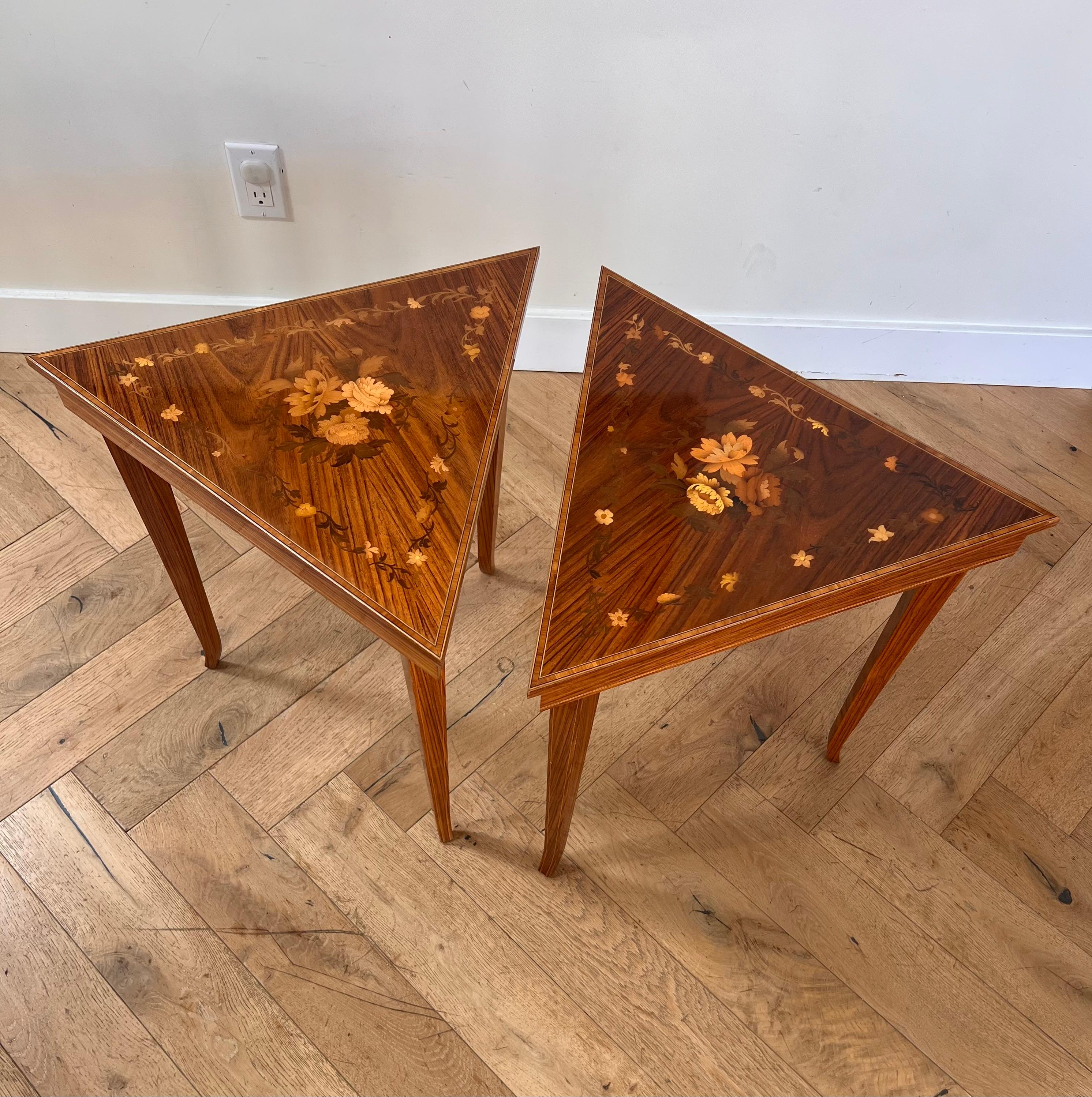A pair of vintage Italian marquetry music-box side tables, 1960s 10