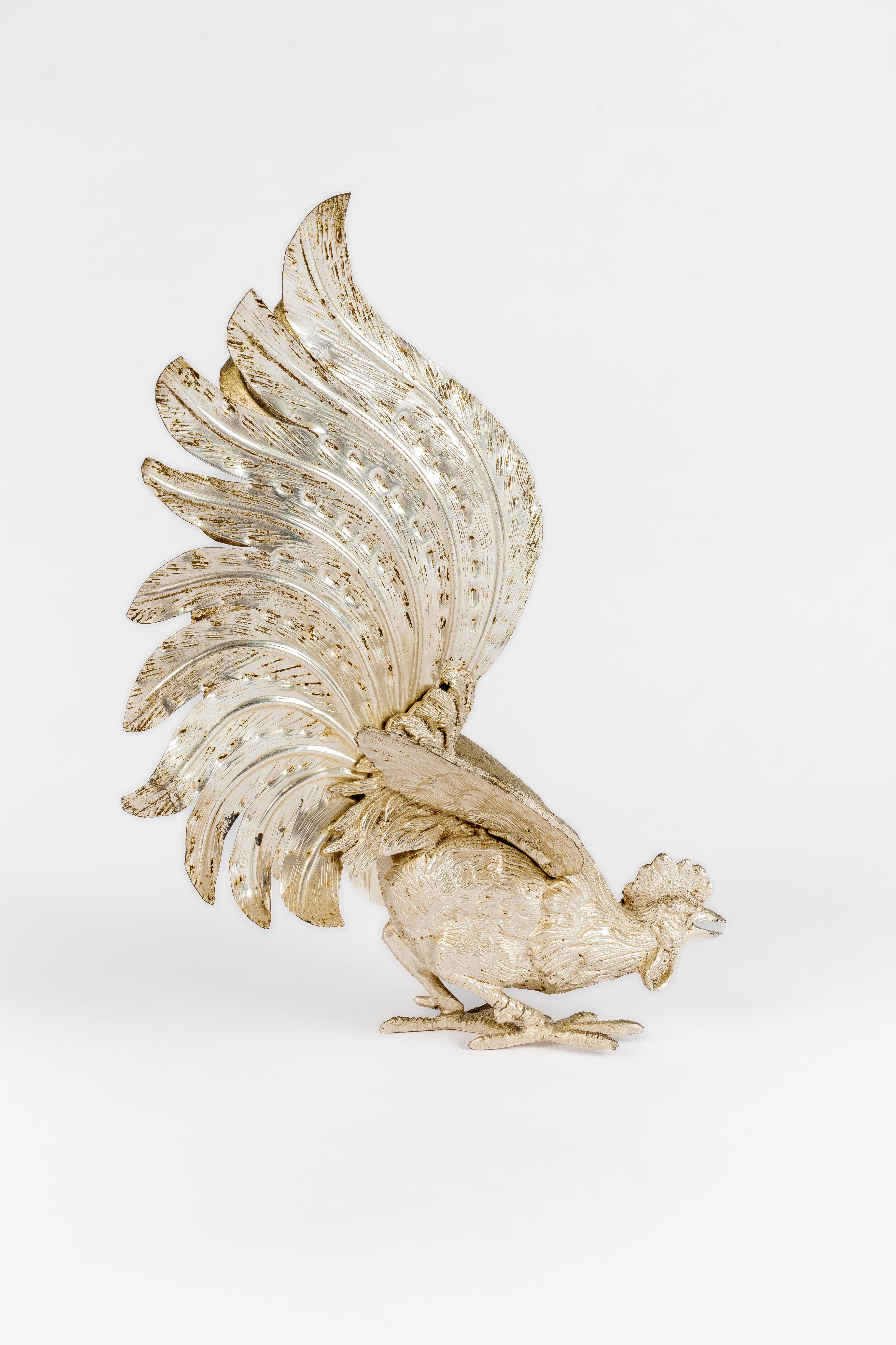 Calco Coppia di galli da combattimento italiani d'epoca placcati in argento in vendita