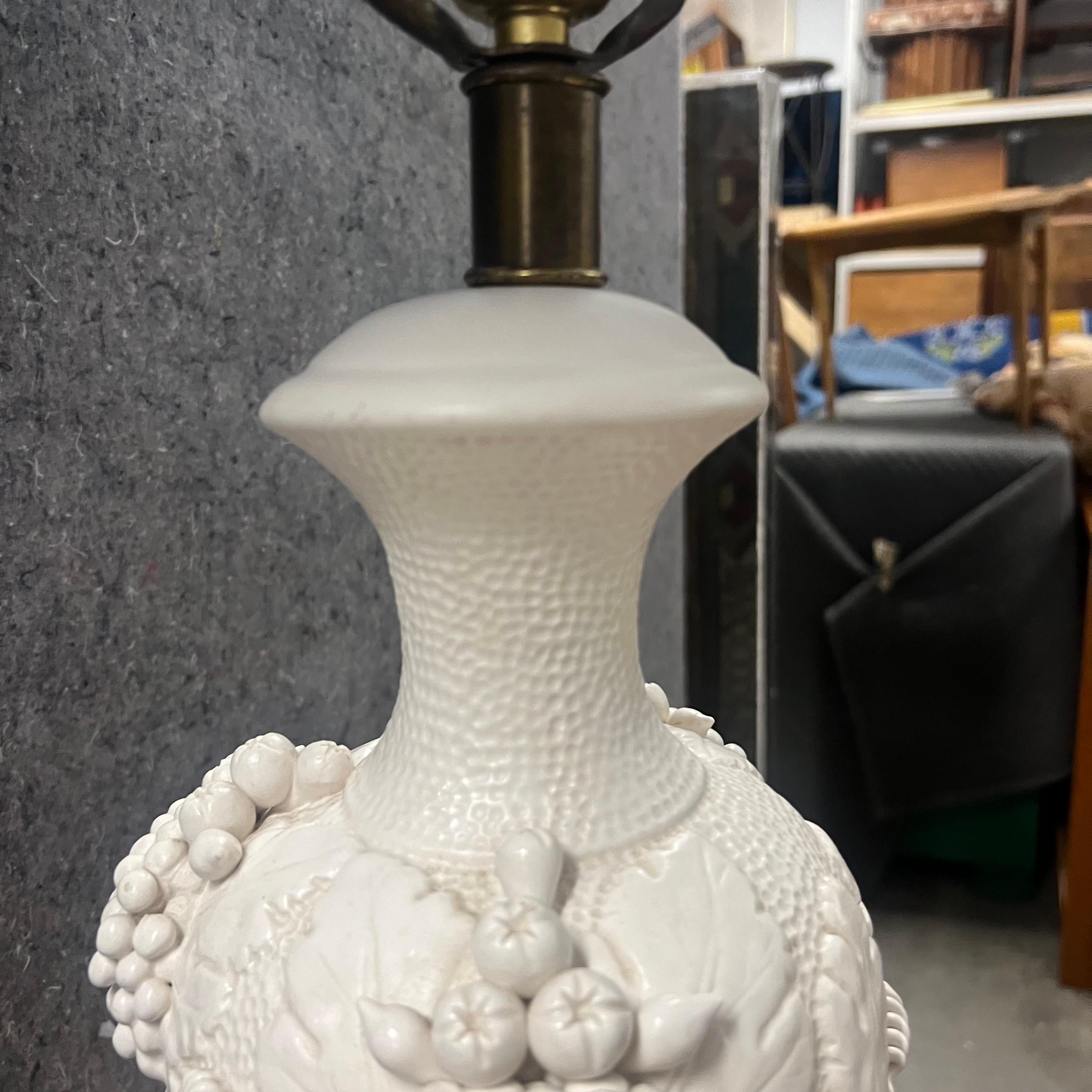 A pair of Vintage Italian White Raised Grapes and Vines Signed Lamps For Sale 6