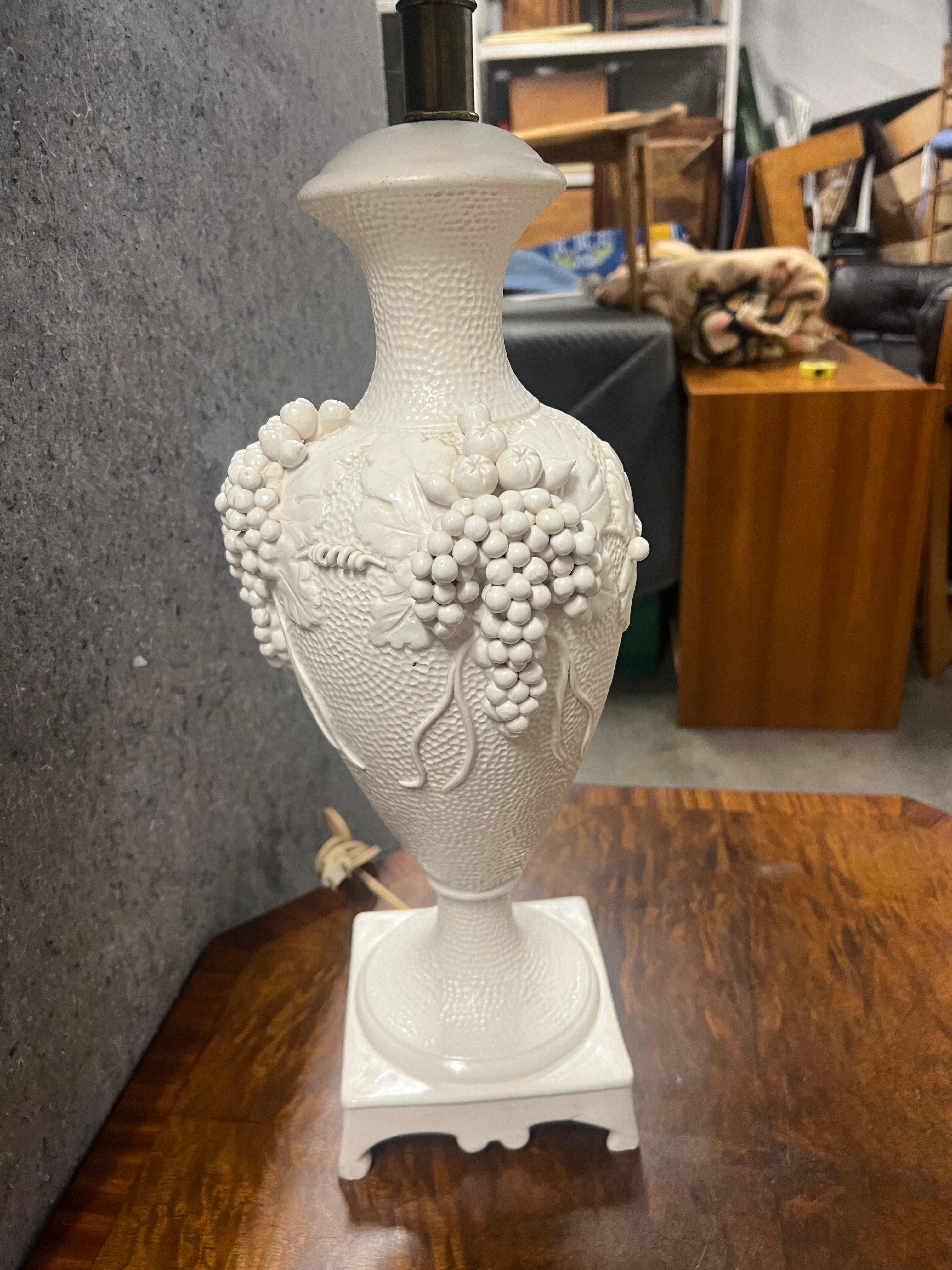 Baroque A pair of Vintage Italian White Raised Grapes and Vines Signed Lamps For Sale