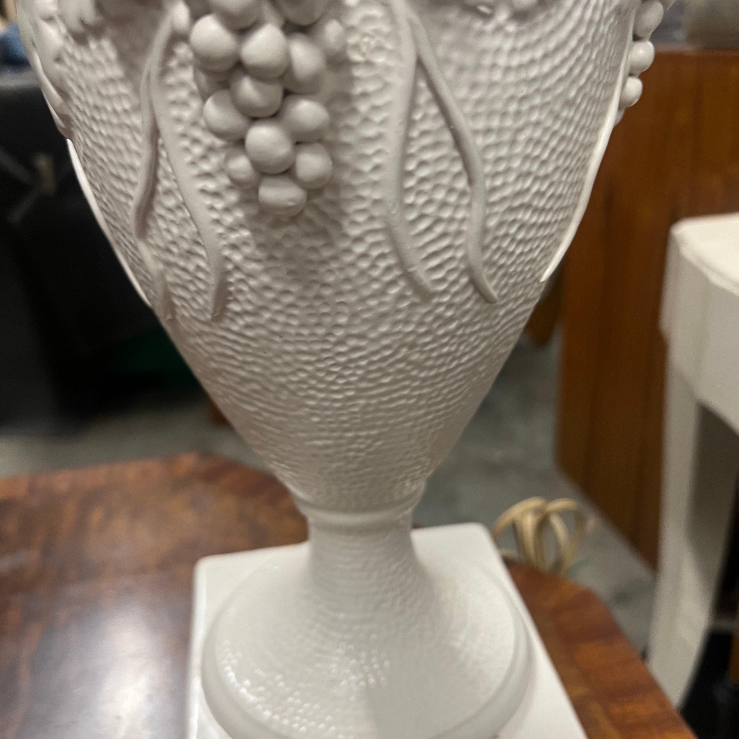 Linen A pair of Vintage Italian White Raised Grapes and Vines Signed Lamps For Sale