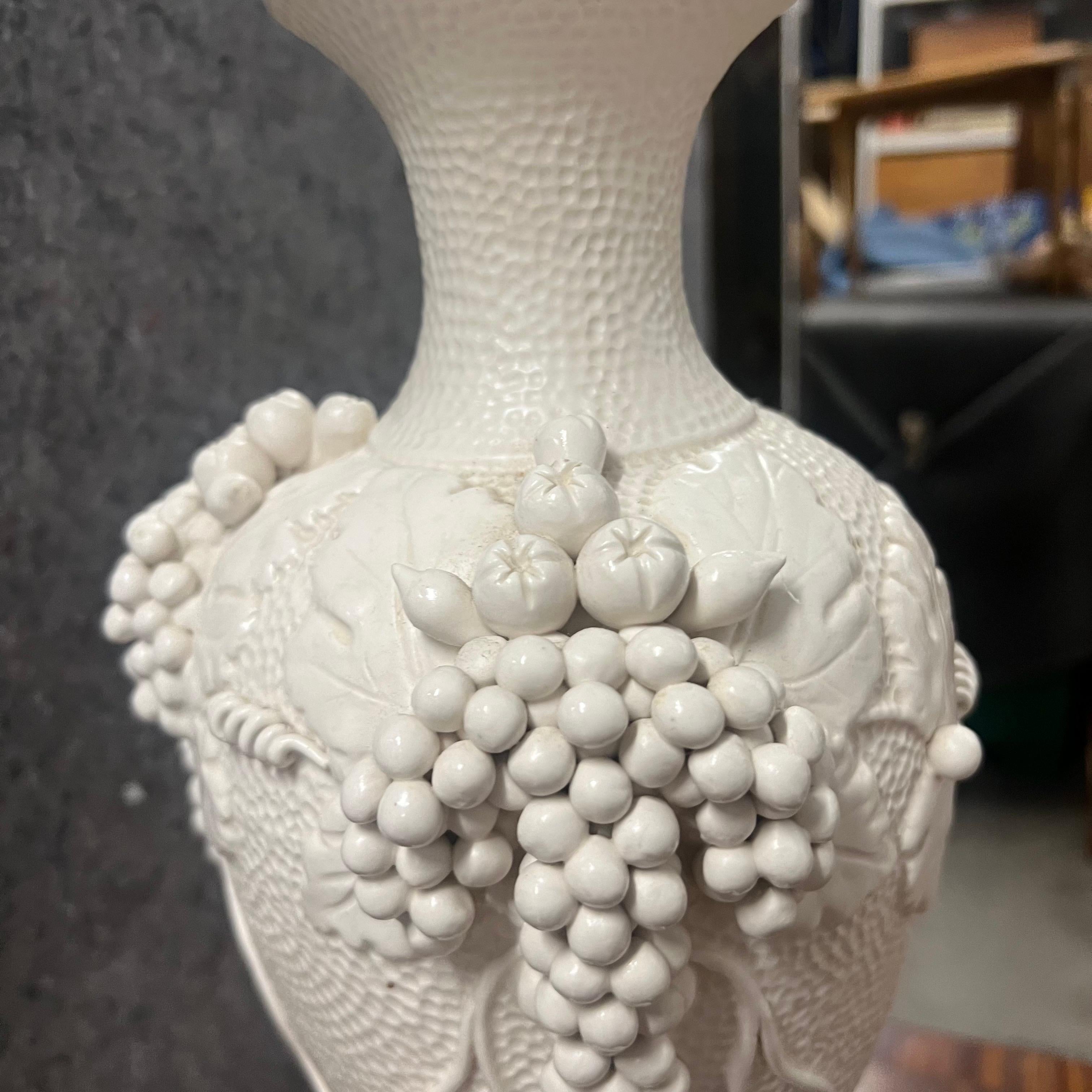 A pair of Vintage Italian White Raised Grapes and Vines Signed Lamps For Sale 1