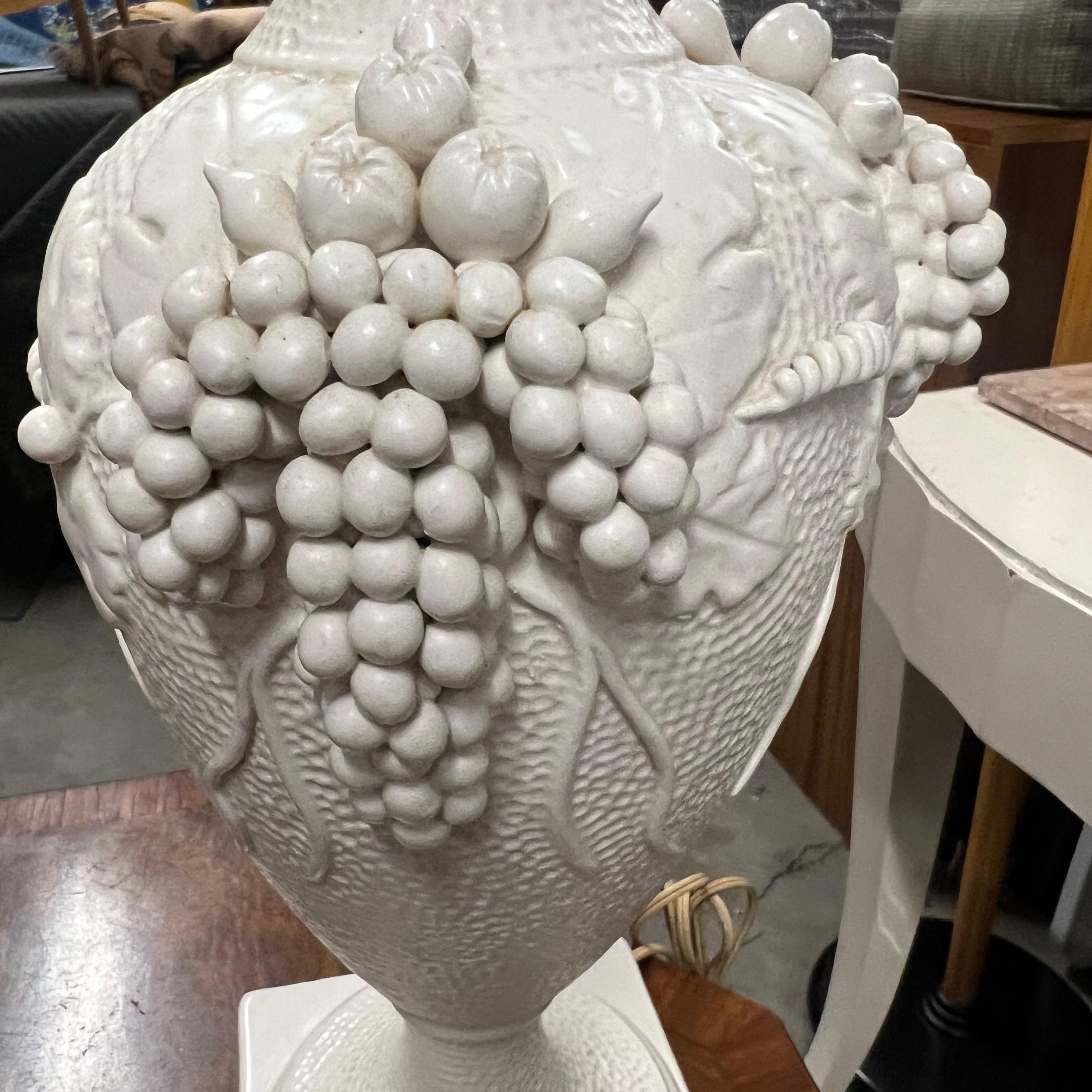 A pair of Vintage Italian White Raised Grapes and Vines Signed Lamps For Sale 2