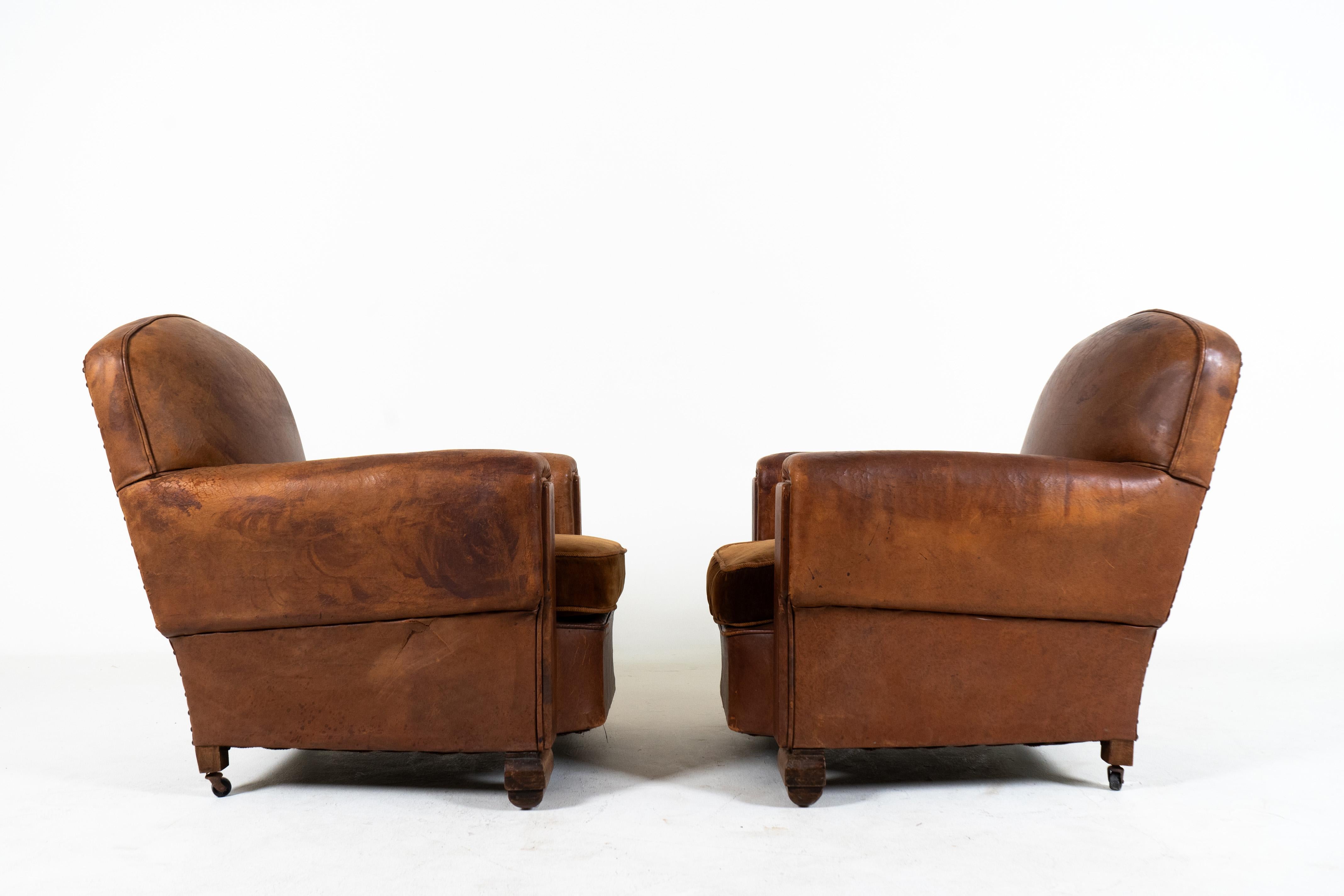 Art Deco A Pair of Vintage Leather Club Chairs, France c.1950 For Sale
