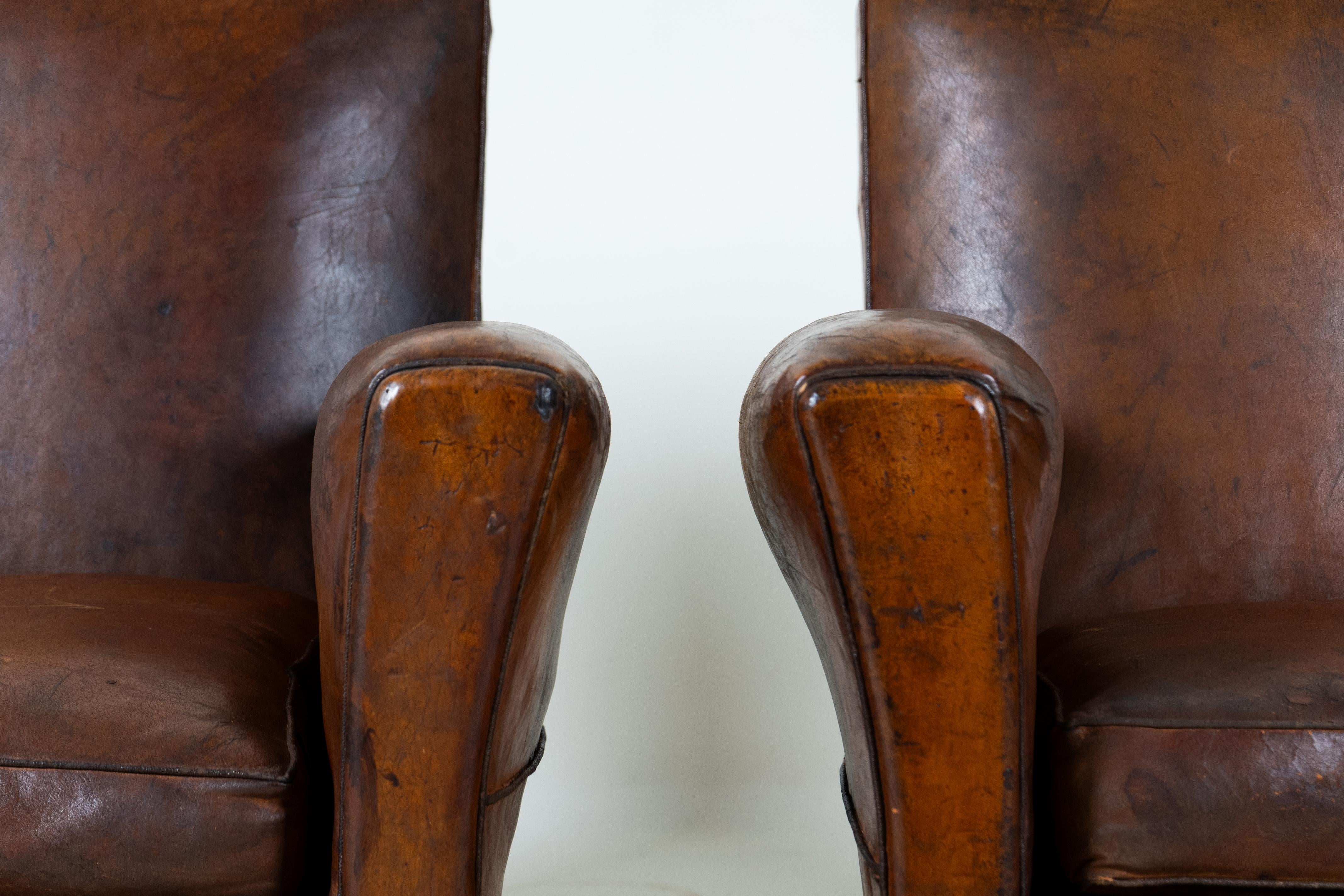 Sheepskin A Pair of Vintage Leather Club Chairs, France c.1950 For Sale