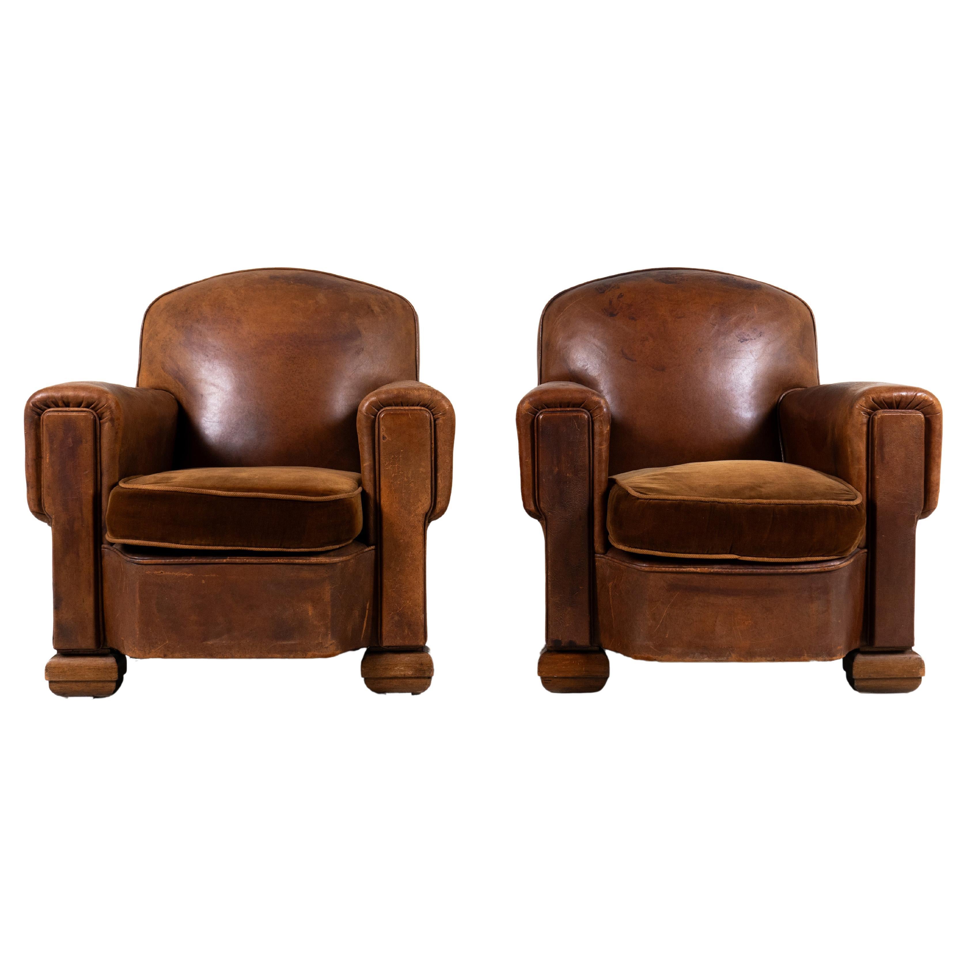 Paire de fauteuils club vintage en cuir, France, vers 1950 en vente