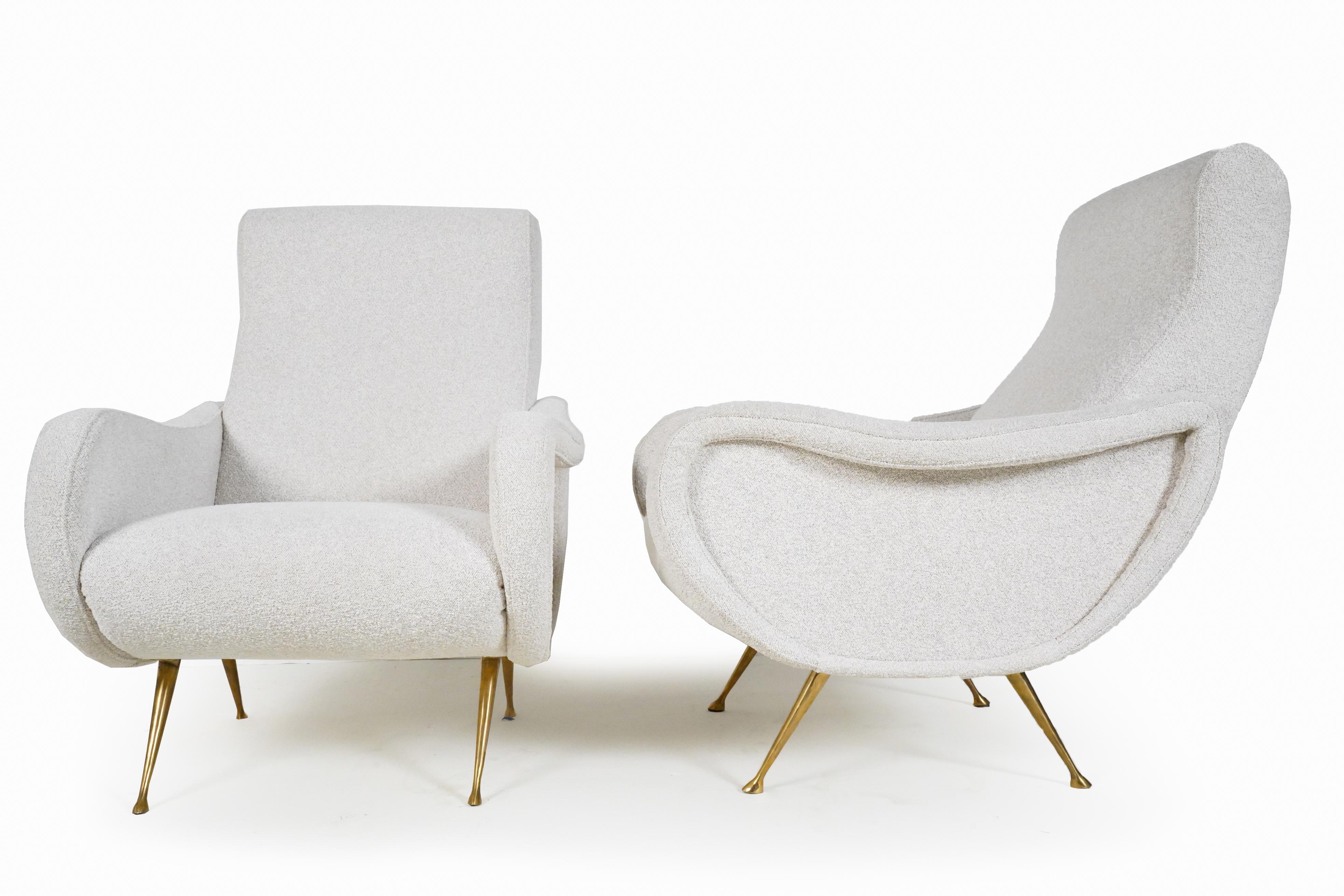 European Pair of Vintage Midcentury Armchairs with Brass Legs and Bouclé Upholstery
