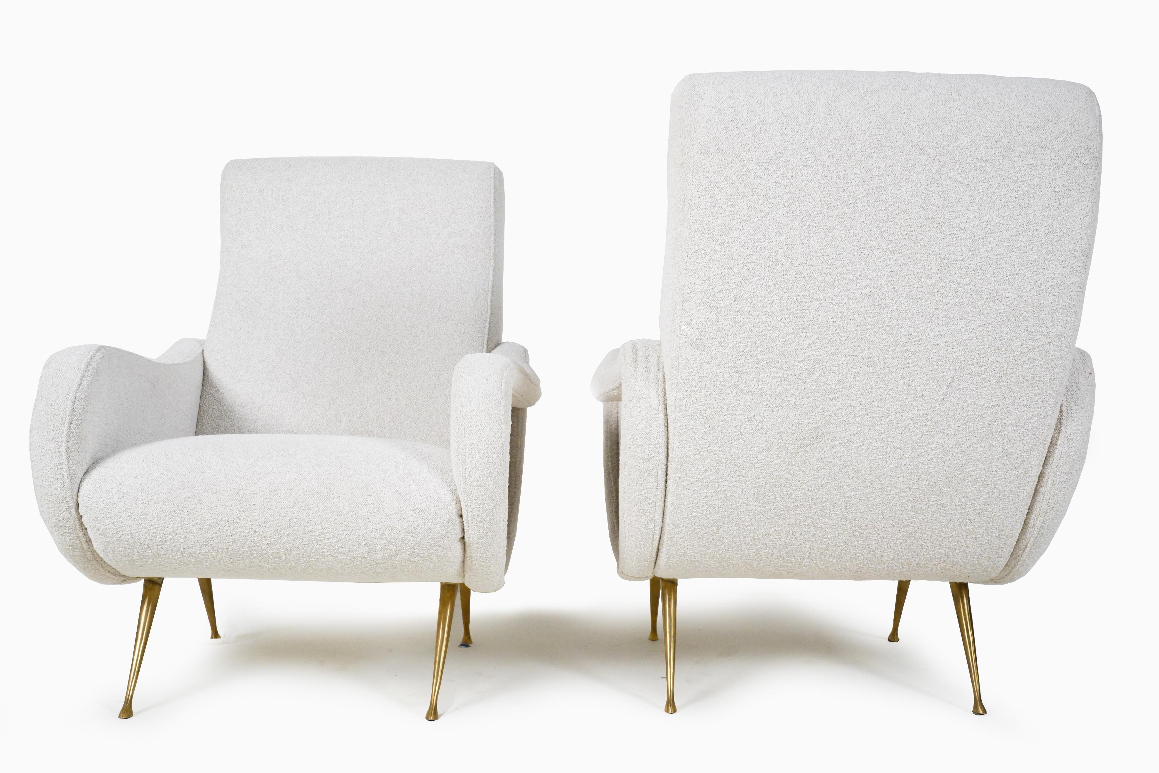 Pair of Vintage Midcentury Armchairs with Brass Legs and Bouclé Upholstery In Good Condition In Chicago, IL