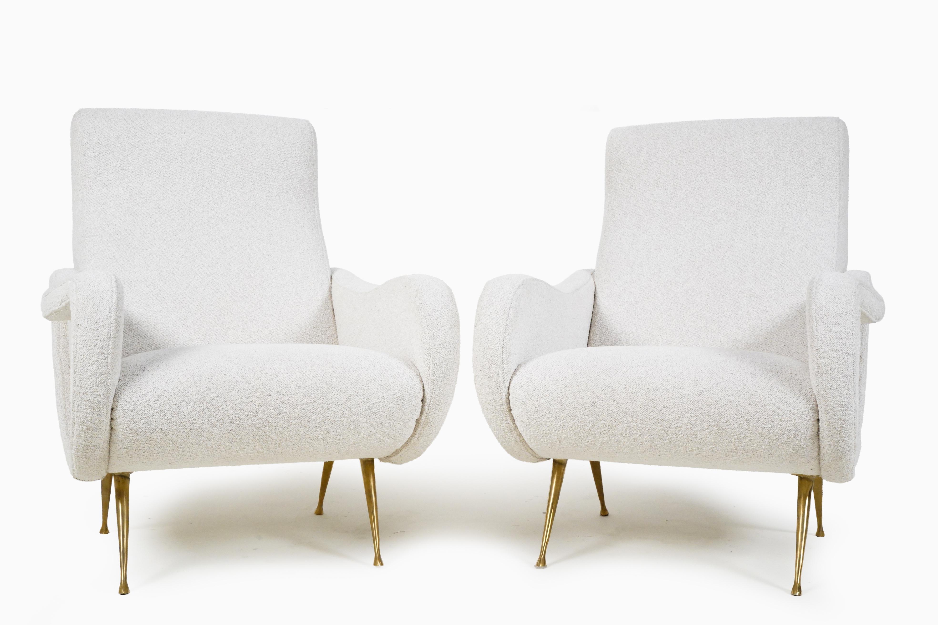 20th Century Pair of Vintage Midcentury Armchairs with Brass Legs and Bouclé Upholstery