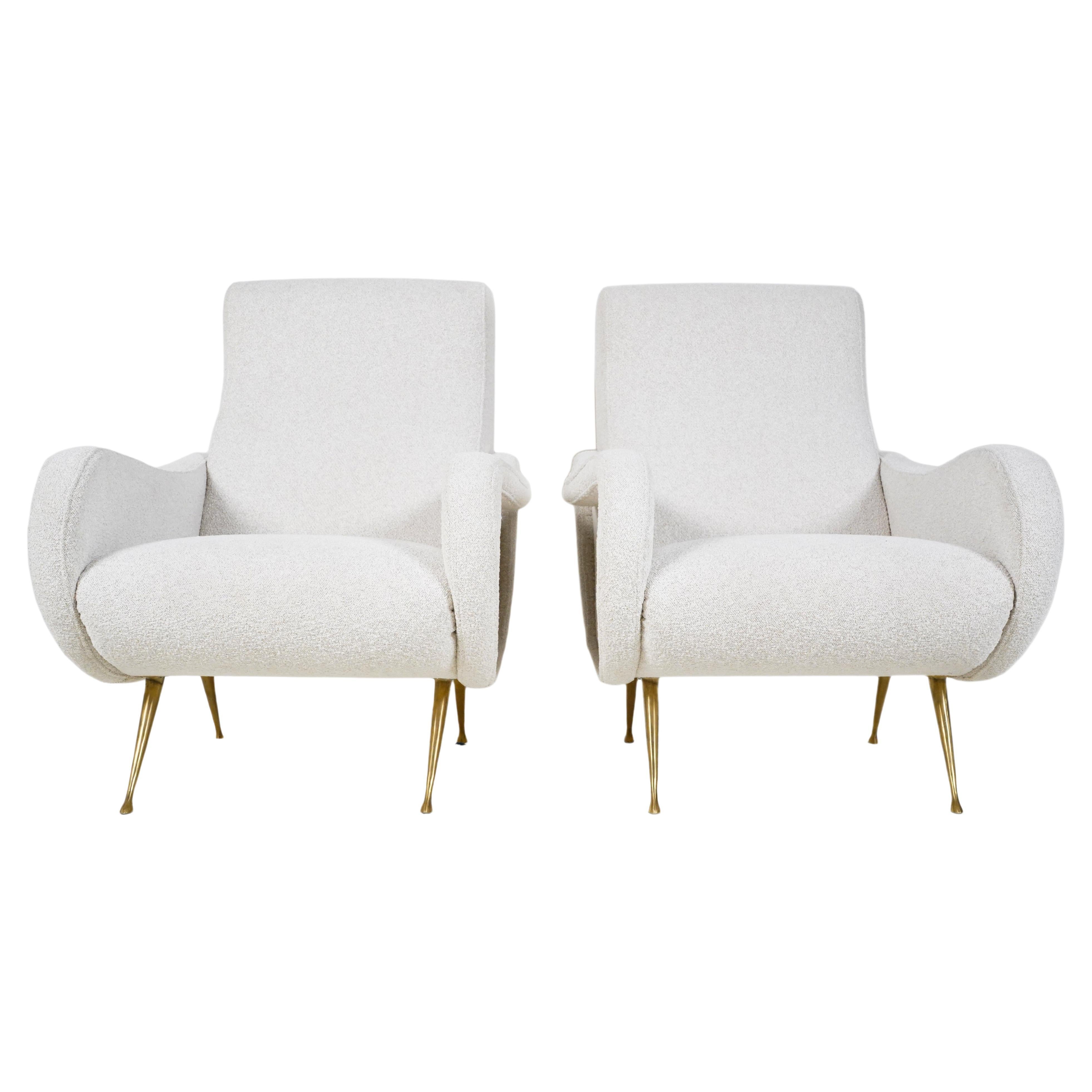 Pair of Vintage Midcentury Armchairs with Brass Legs and Bouclé Upholstery