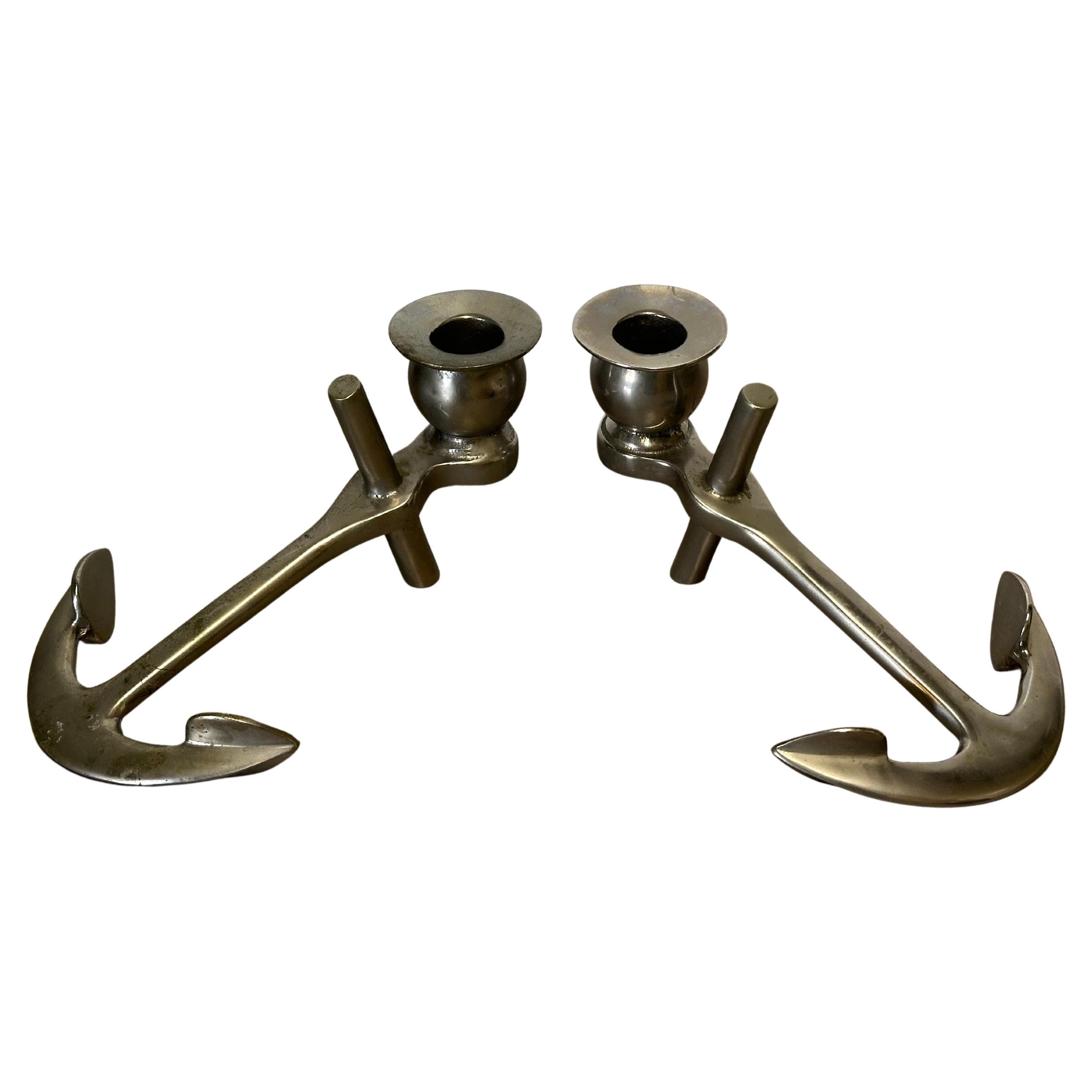 Coppia di portacandele "Anchor" d'epoca in metallo placcato in argento, risalenti alla metà del secolo scorso in vendita