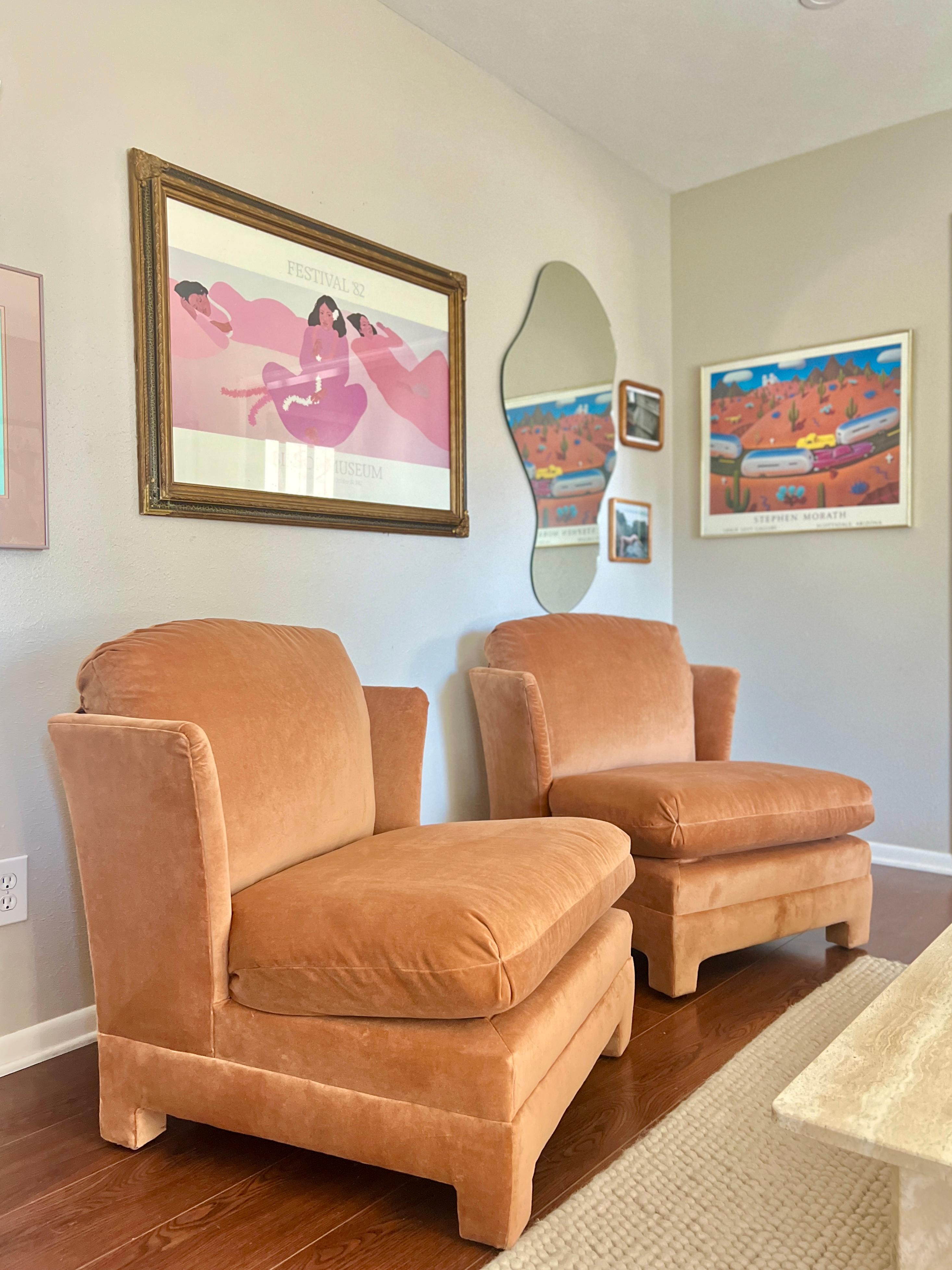 Velvet Pair of Vintage Mid-Century Modern Parsons Style Slipper Peach Lounge Chairs 