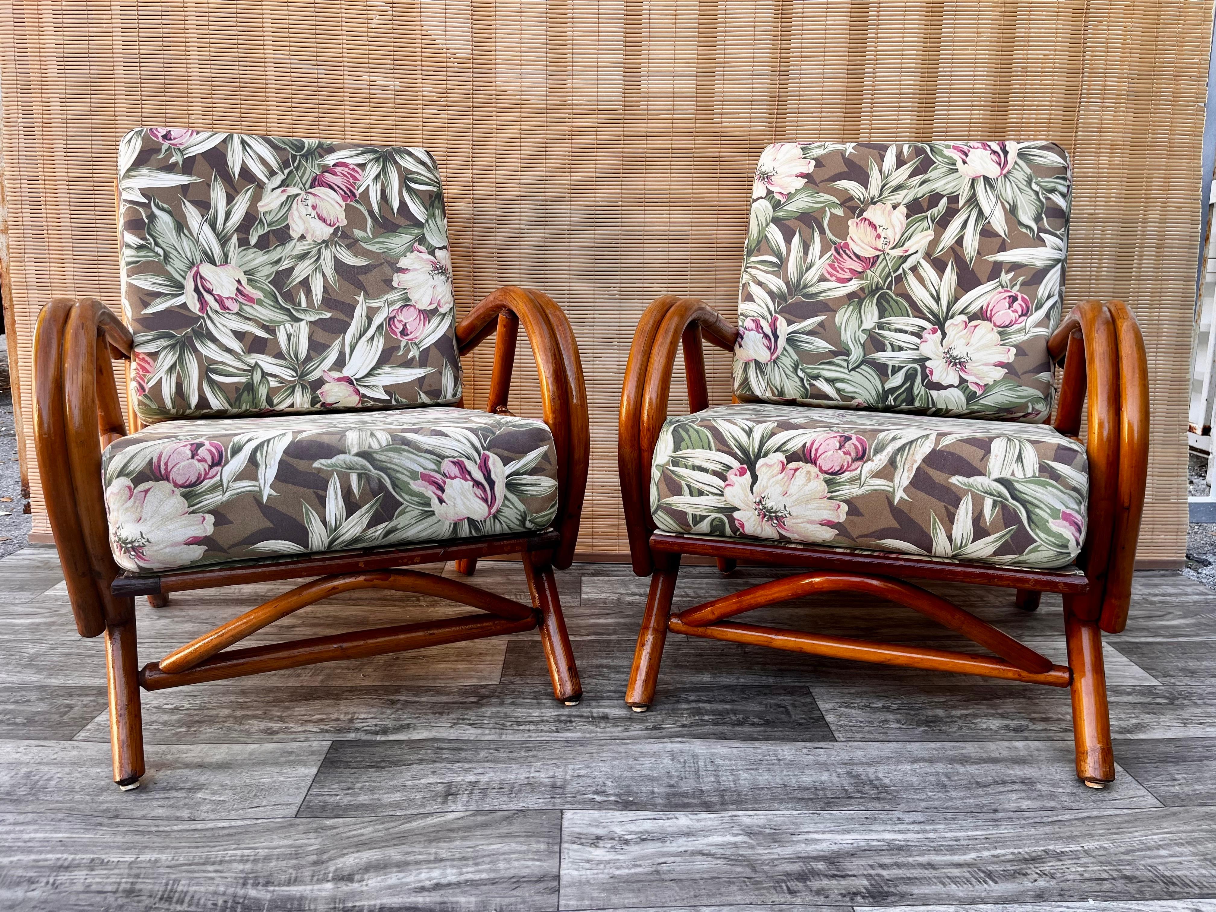 American Pair of Vintage Mid-Century Modern Rattan Lounge Chairs, circa 1960s