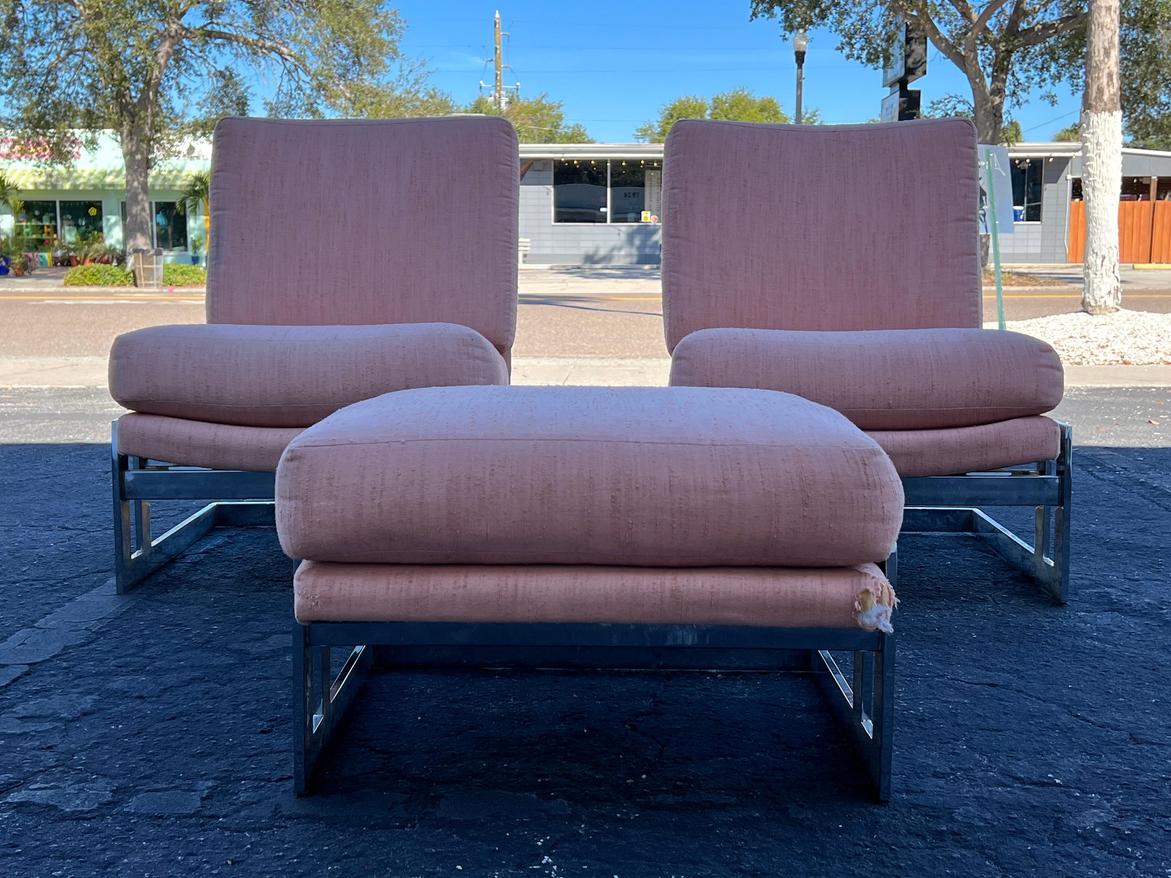 Steel A Pair Of Vintage Milo Baughman Cantilever Slipper Chairs With Ottoman For Sale
