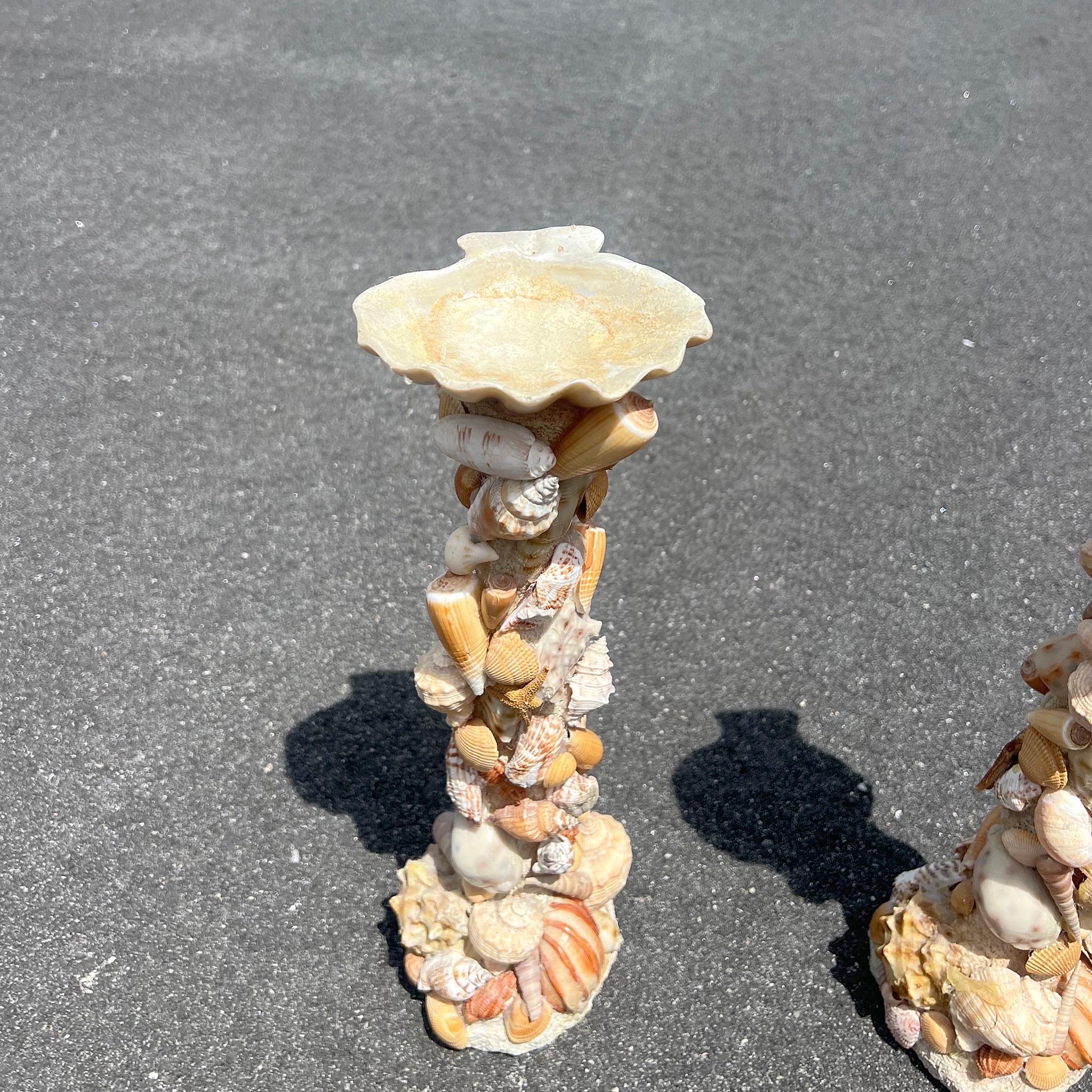 Pair of Vintage Monumental Pillar Shell Encrusted Candle Holders 4