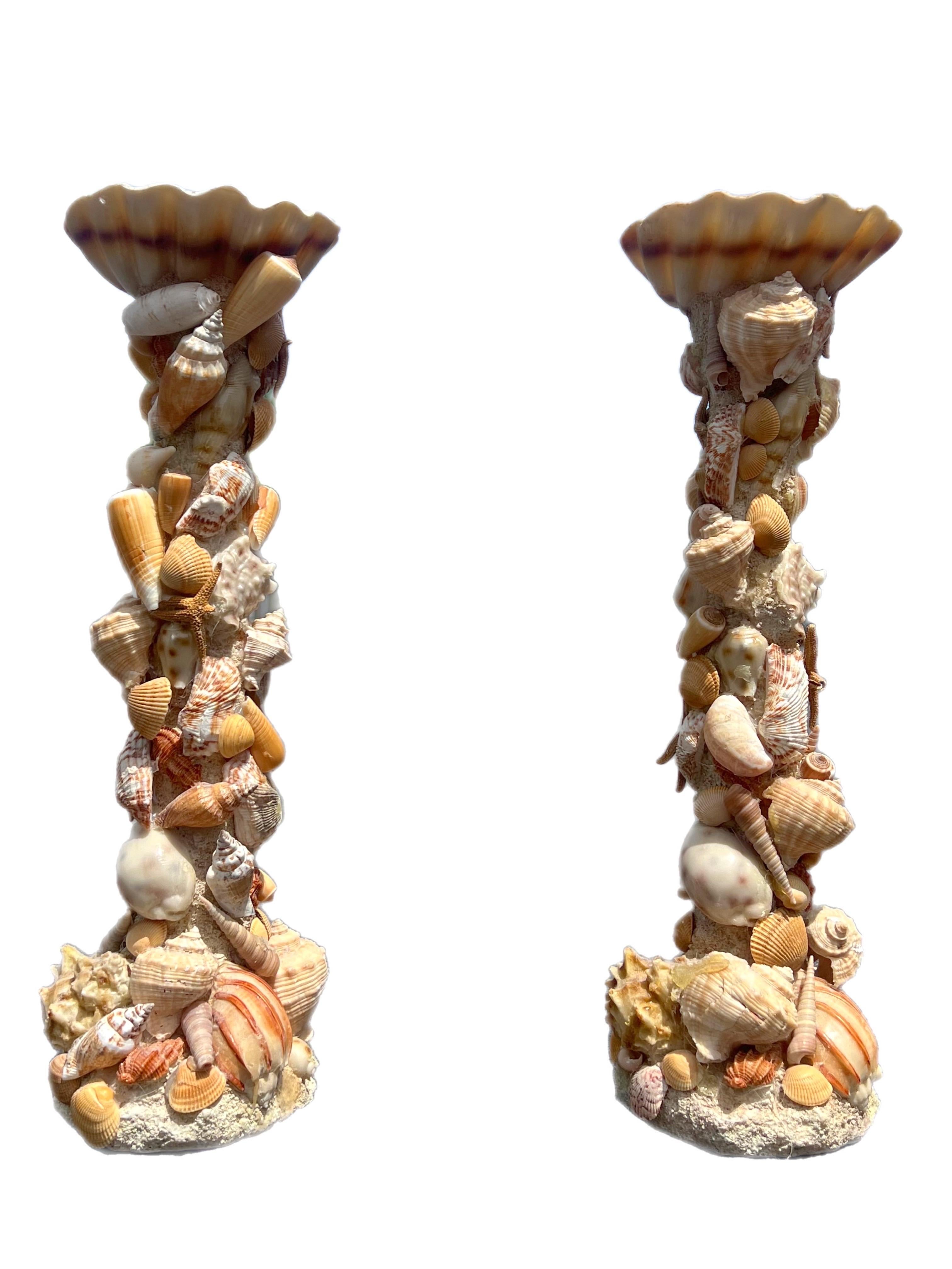 Folk Art Pair of Vintage Monumental Pillar Shell Encrusted Candle Holders