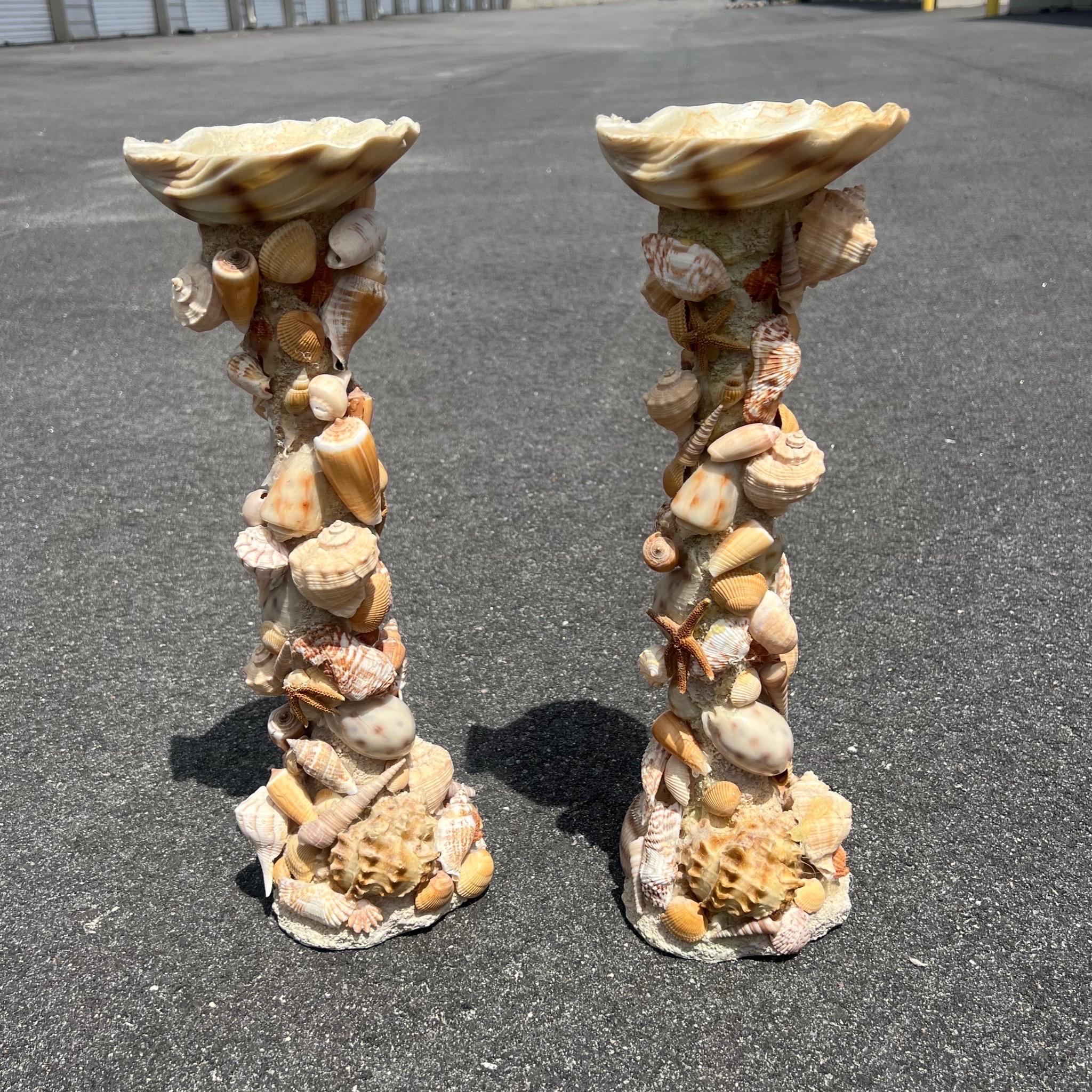 Philippine Pair of Vintage Monumental Pillar Shell Encrusted Candle Holders