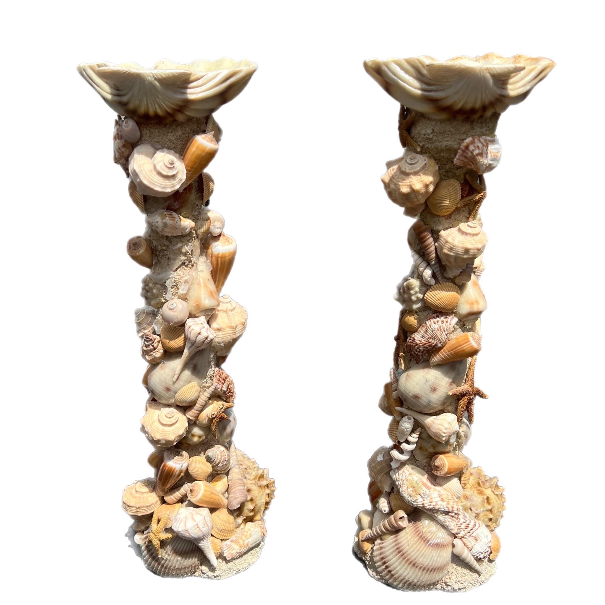 Pair of Vintage Monumental Pillar Shell Encrusted Candle Holders In Good Condition In Charleston, SC