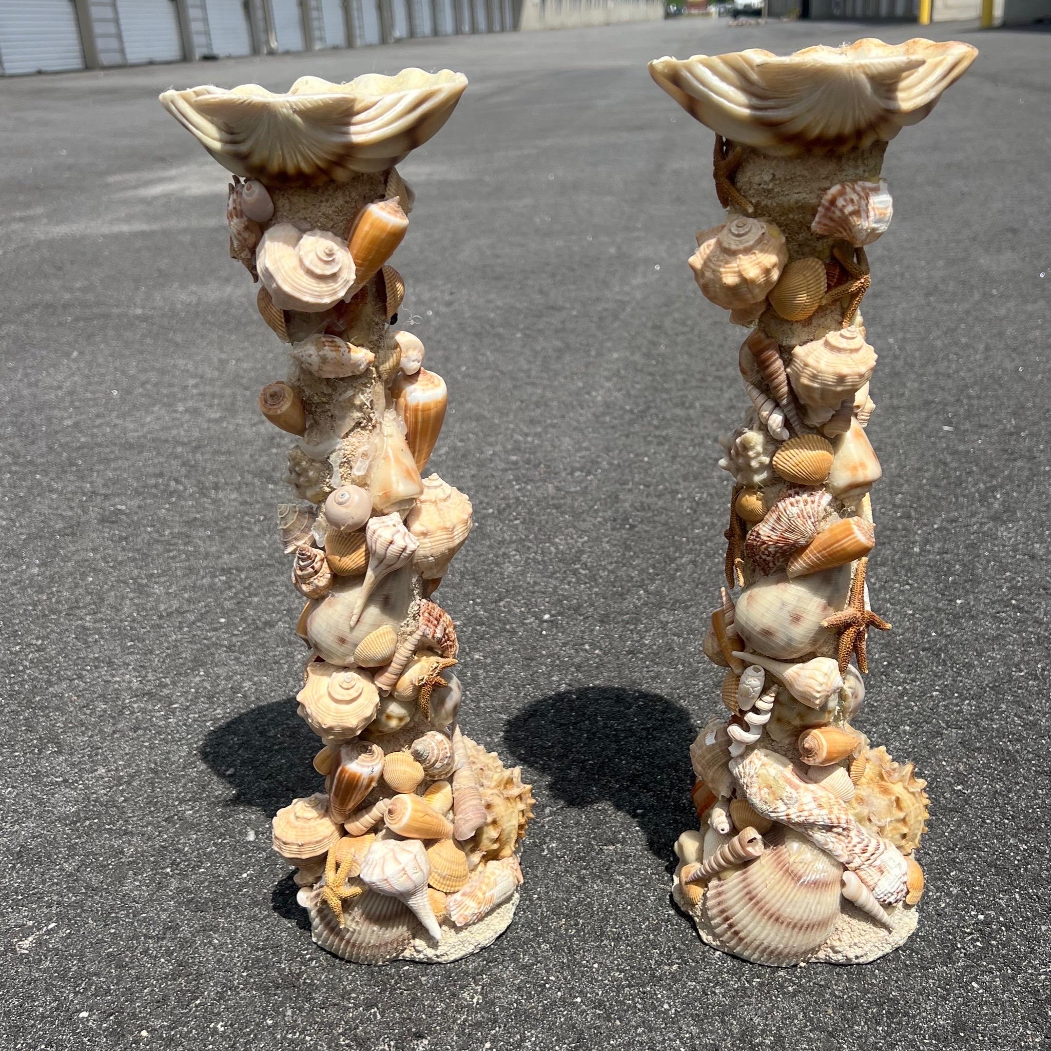 Late 20th Century Pair of Vintage Monumental Pillar Shell Encrusted Candle Holders