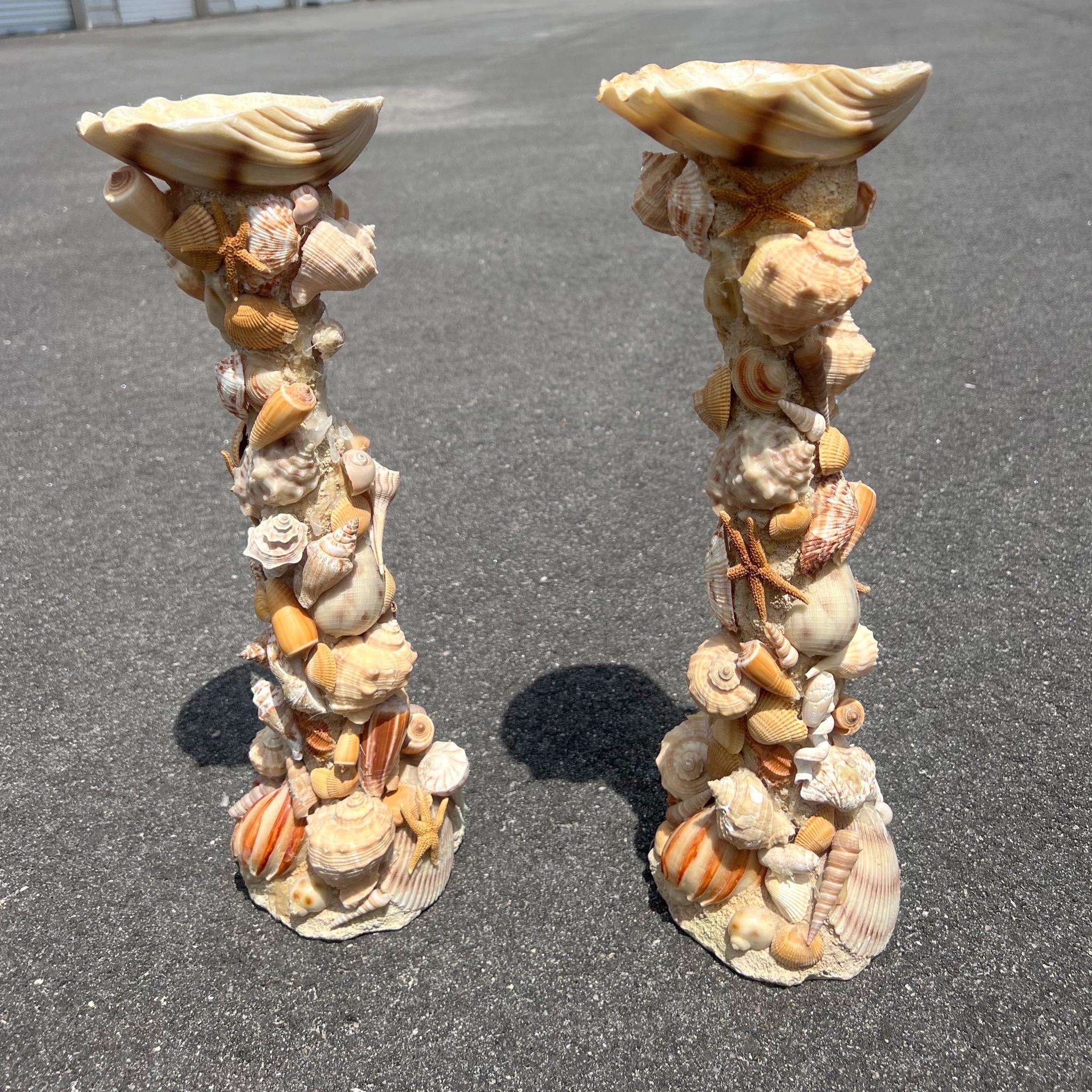 Pair of Vintage Monumental Pillar Shell Encrusted Candle Holders 2