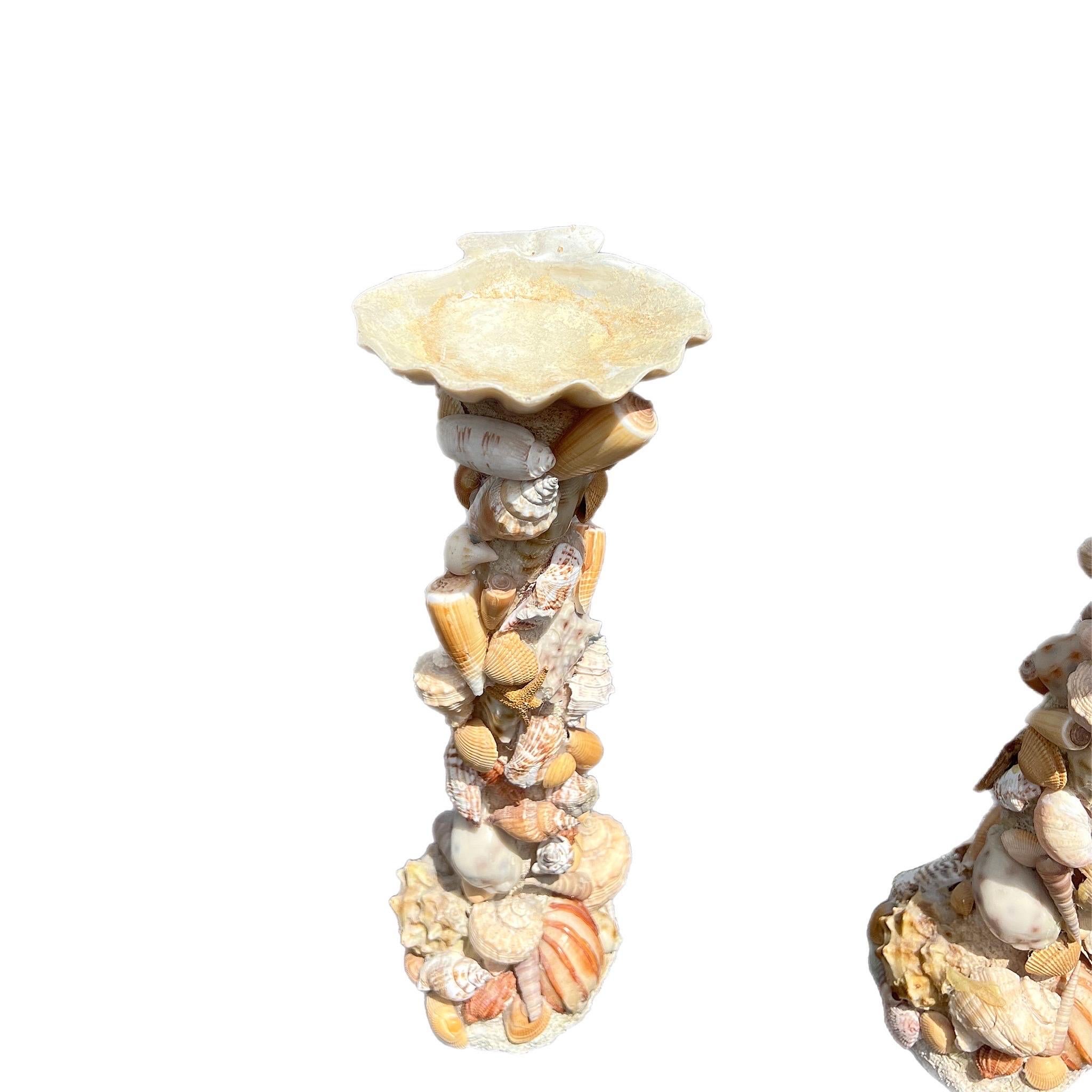Pair of Vintage Monumental Pillar Shell Encrusted Candle Holders 3