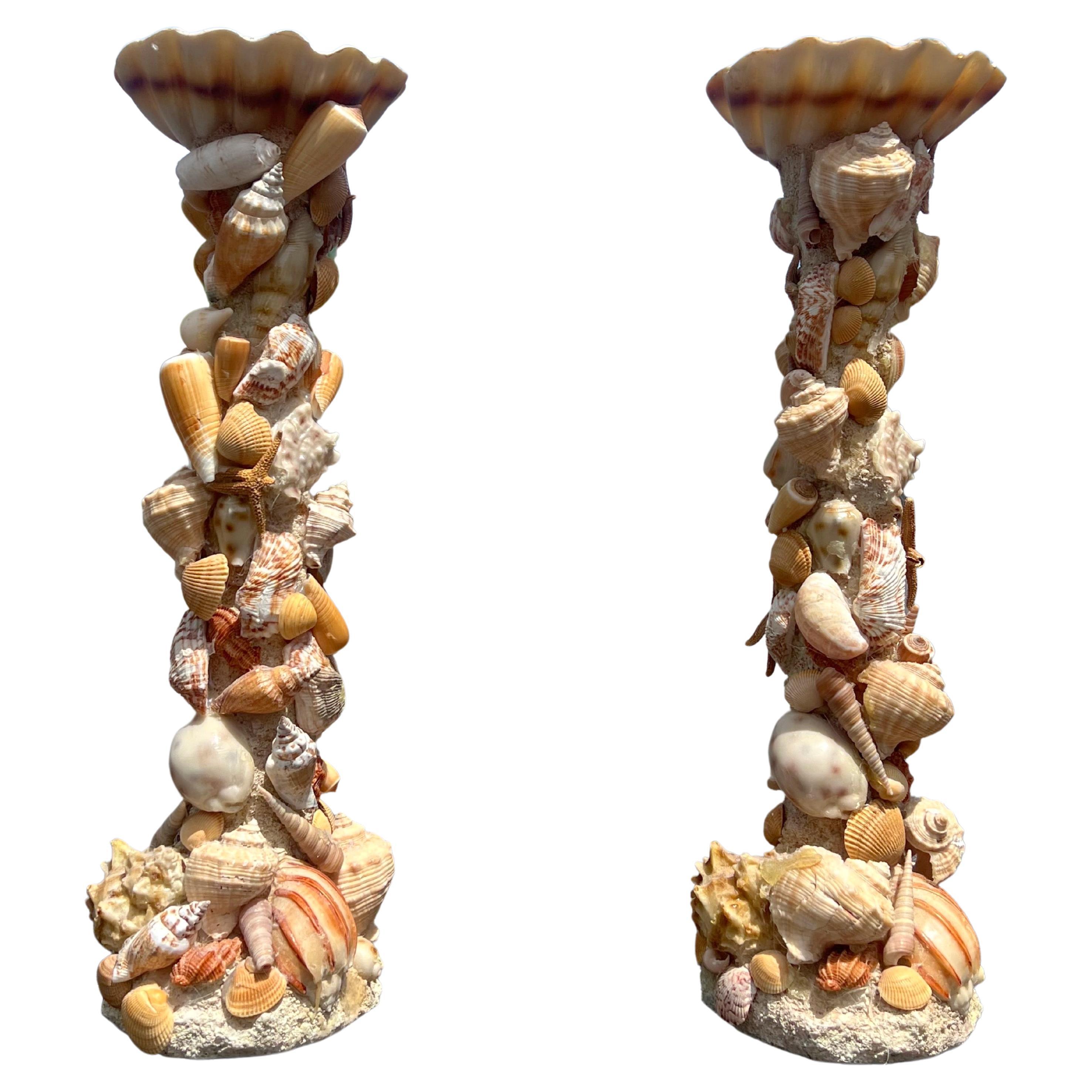 Pair of Vintage Monumental Pillar Shell Encrusted Candle Holders