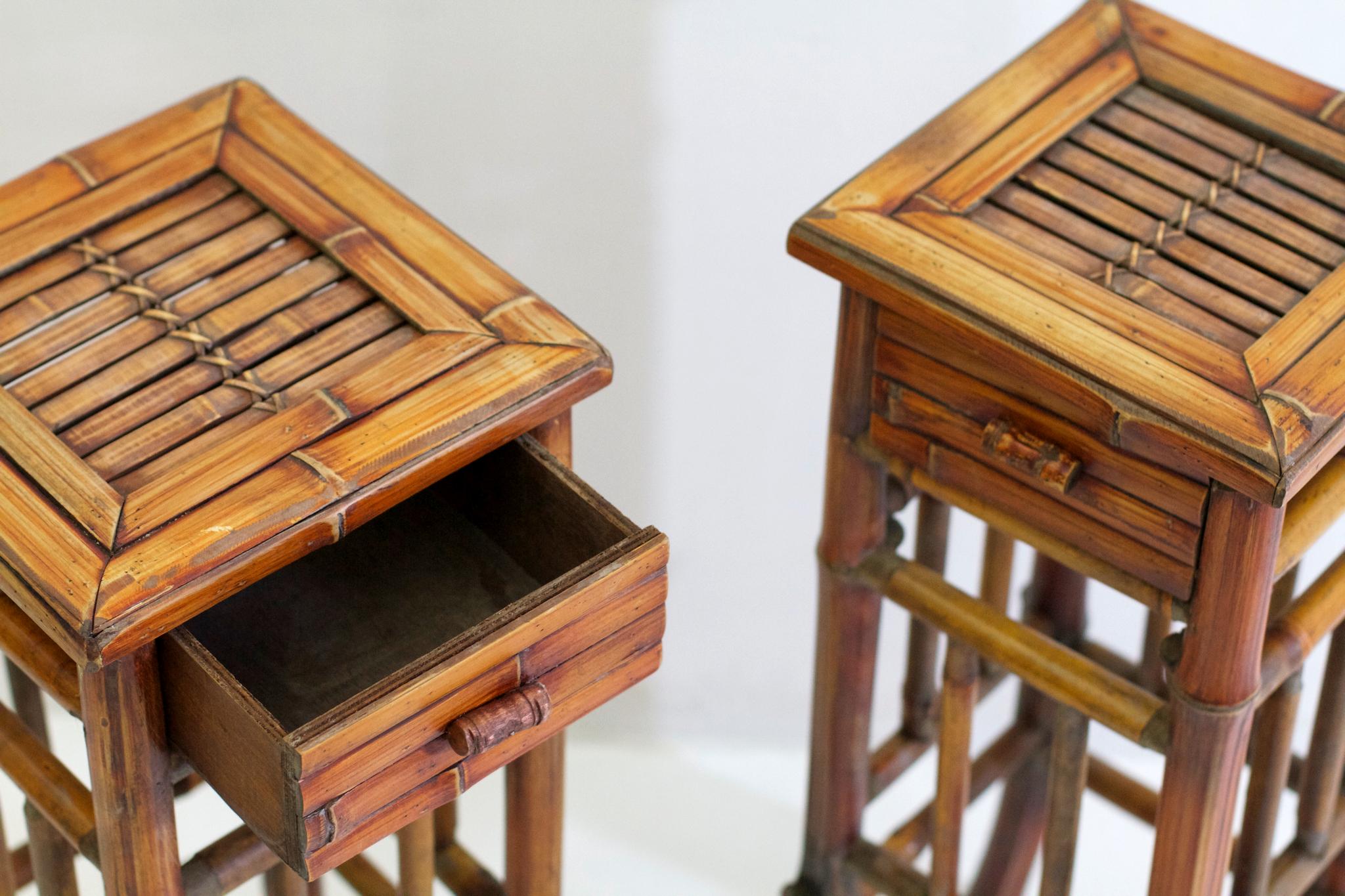 Chinese Pair of Vintage Nightstands in Bamboo