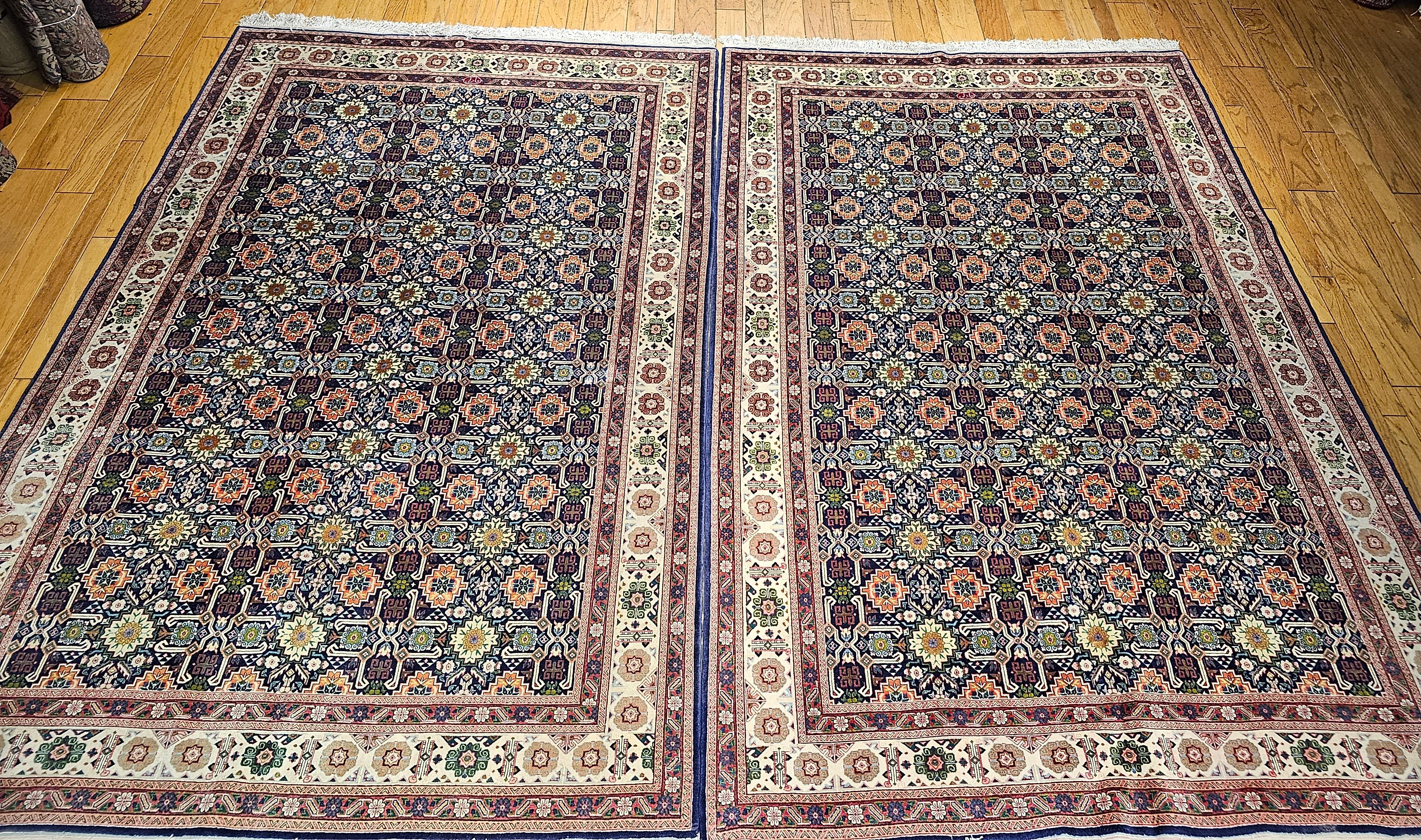 A Pair of Vintage Persian Tabriz in Geometric Pattern Navy, Ivory, Green, Blue For Sale 10