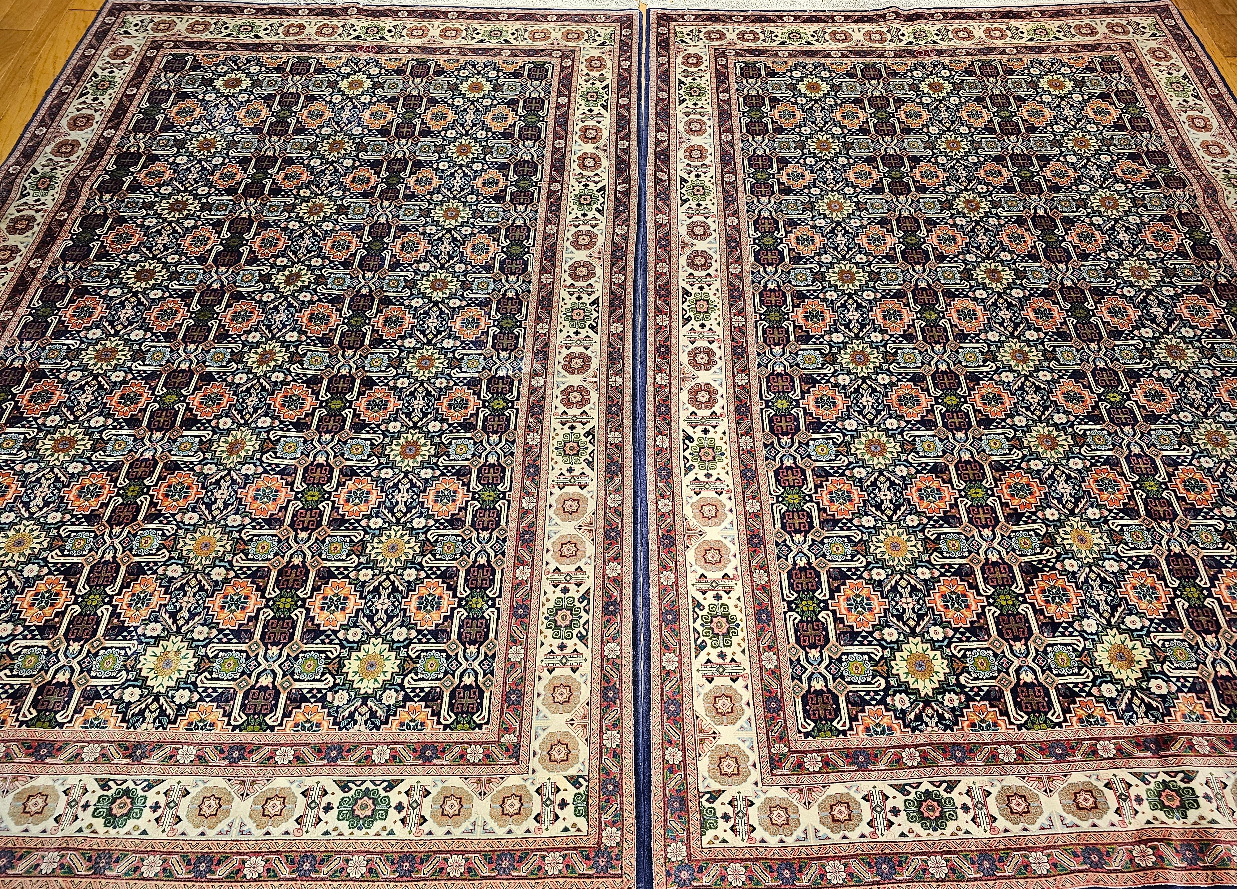 A Pair of Vintage Persian Tabriz in Geometric Pattern Navy, Ivory, Green, Blue For Sale 12