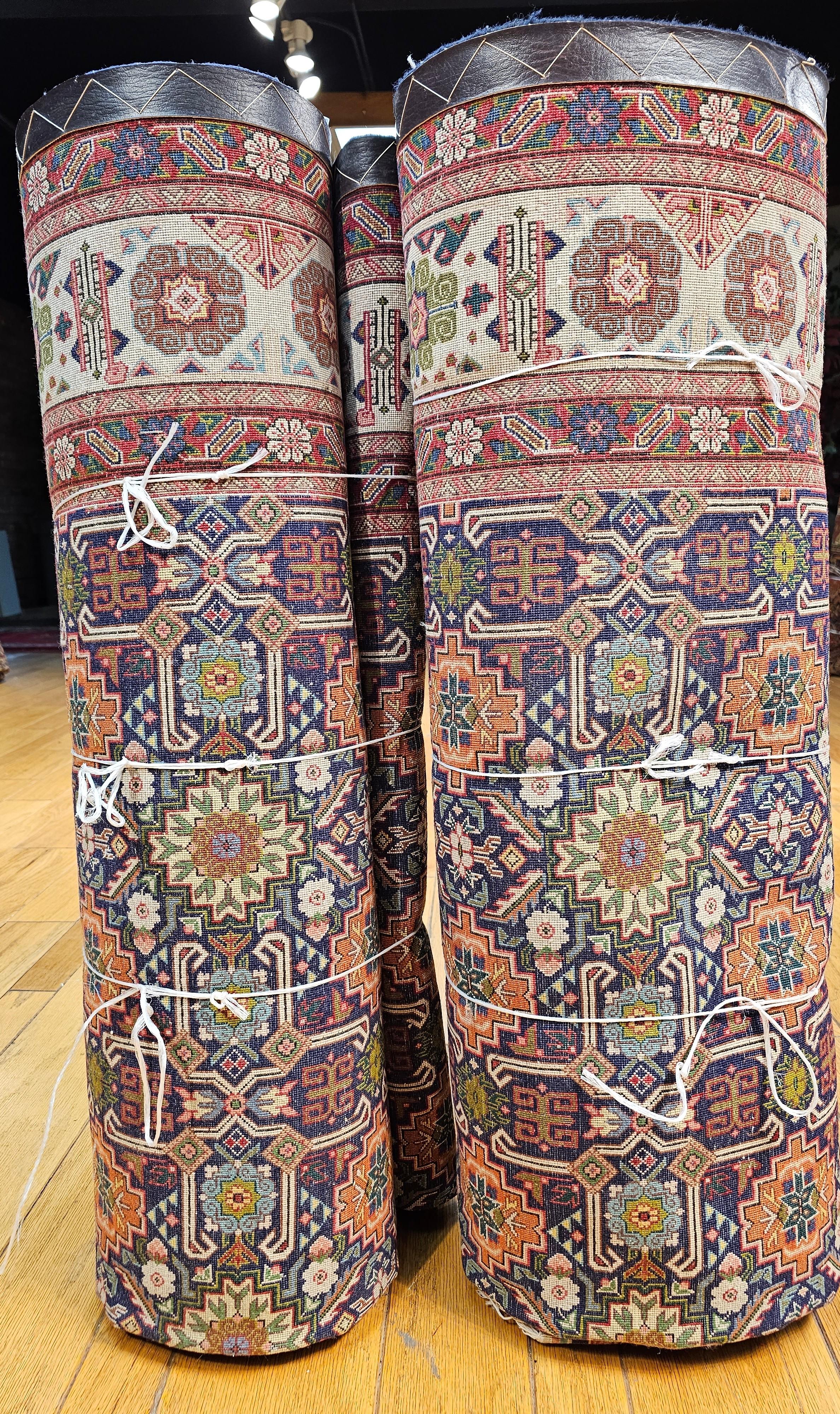A Pair of Vintage Persian Tabriz in Geometric Pattern Navy, Ivory, Green, Blue For Sale 14