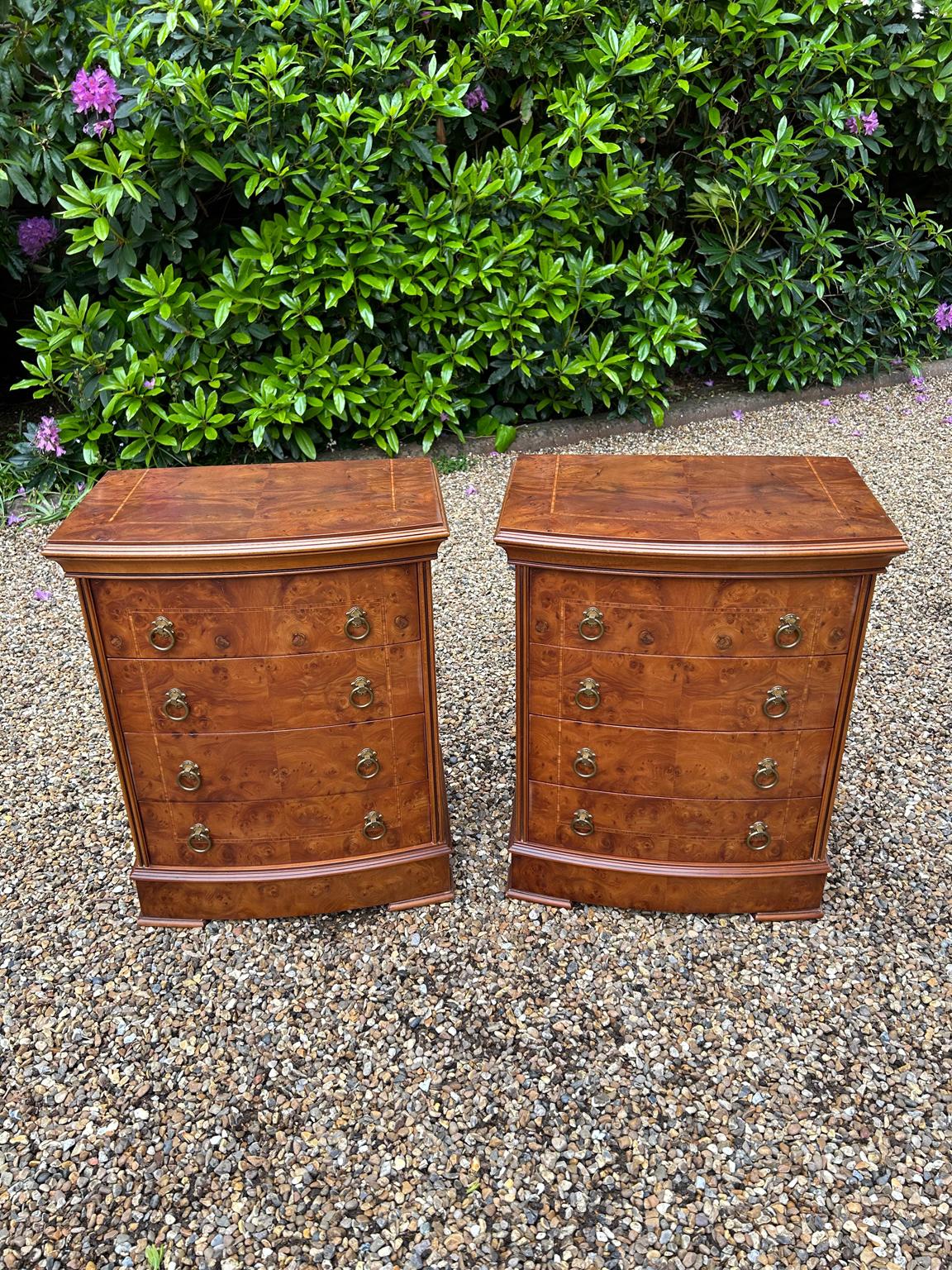 A Pair of Vintage Pollard Oak Bowfront Bedside Tables with four fitted drawers and brass ring handles.

Dimensions:
Height:  25 inches – 65 cms
Width: 21 inches – 53 cms
Depth:  13 inches – 33 cms

Reference: BS2401
