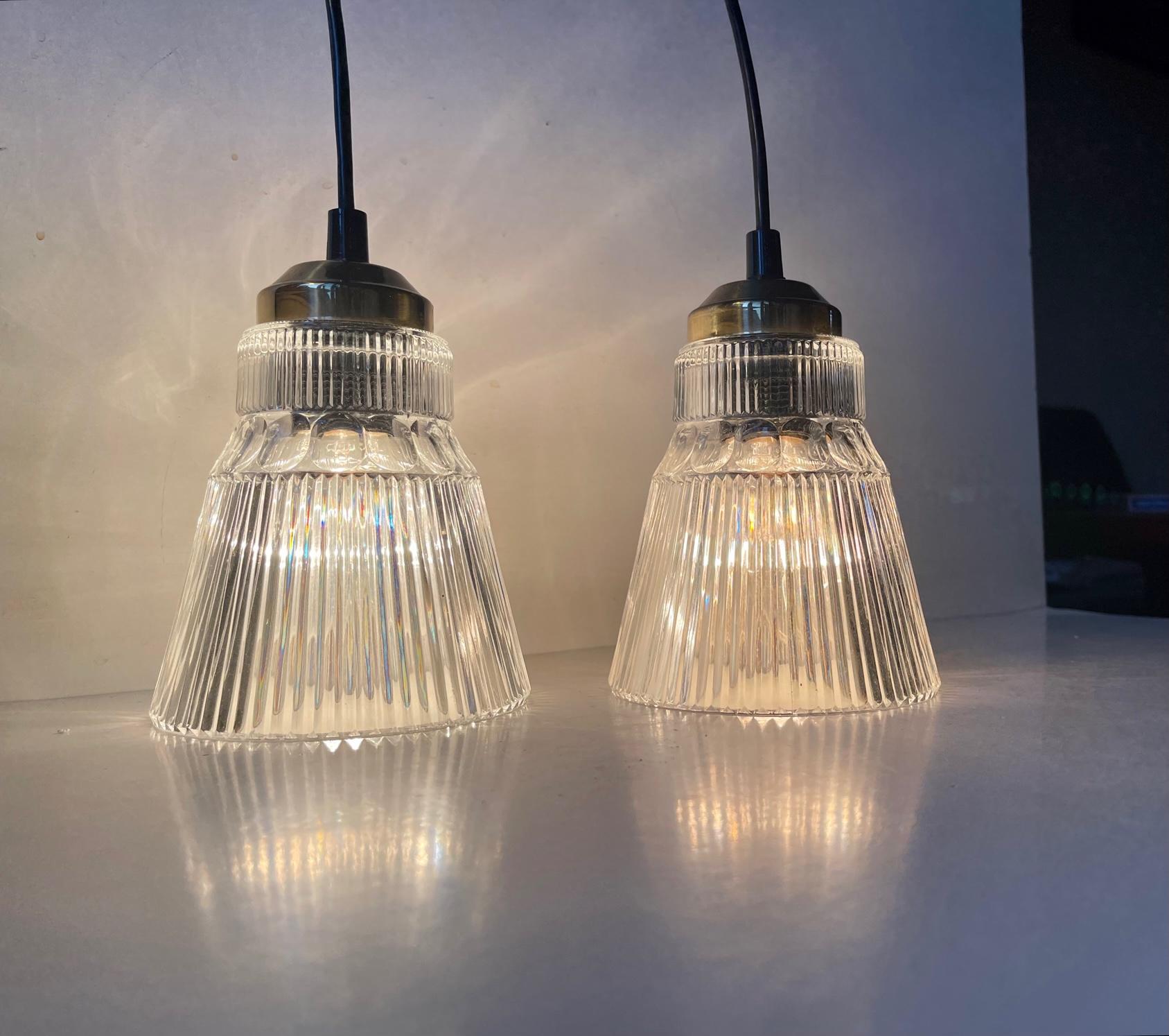 Modern A pair of Vintage Scandinavian Pendant Ceiling Lights in Glass and brass