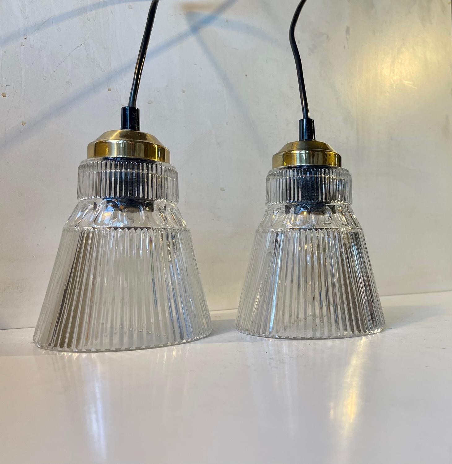 Late 20th Century A pair of Vintage Scandinavian Pendant Ceiling Lights in Glass and brass