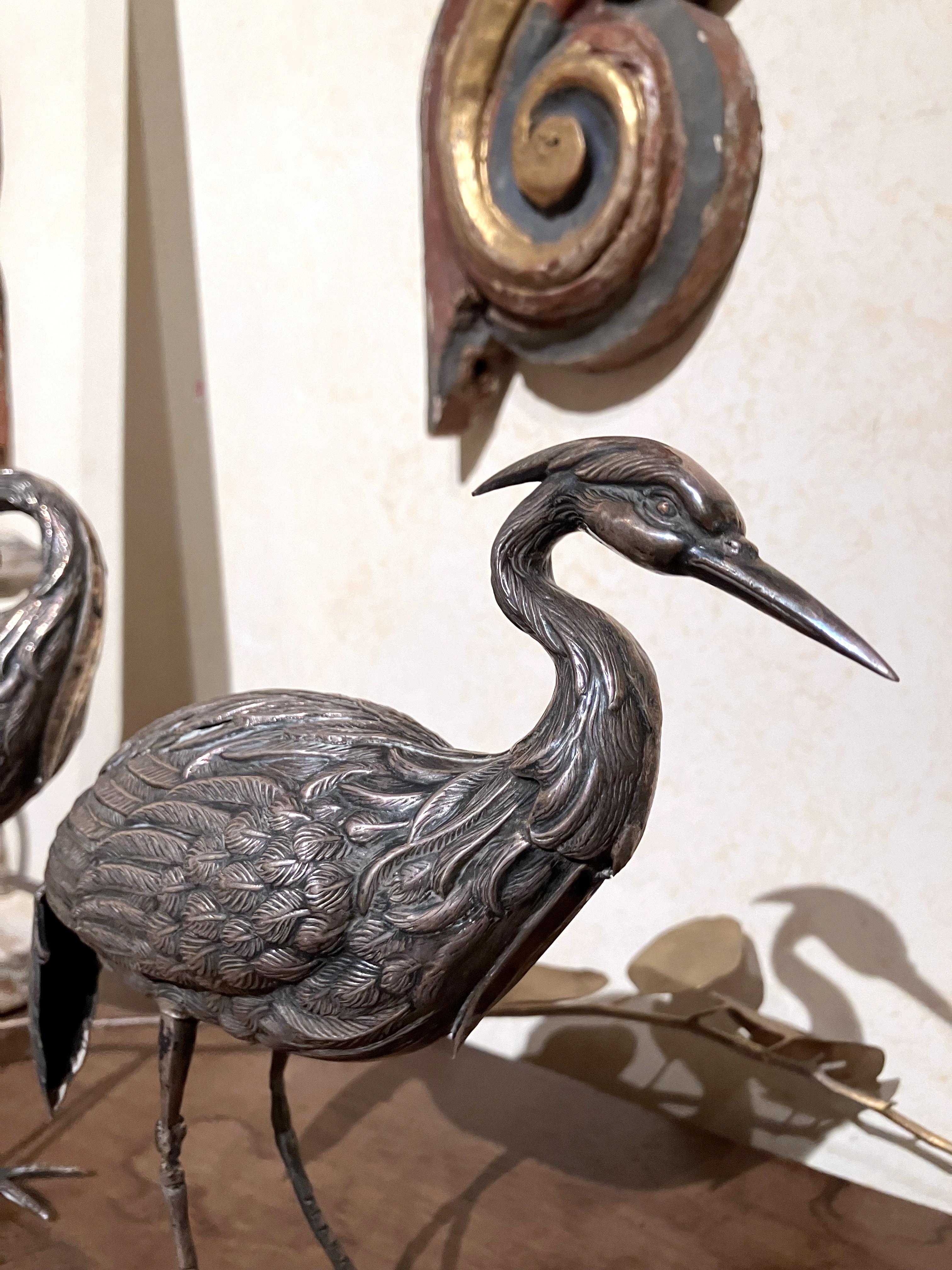 A Pair of Vintage Silver Heron Birds Decorative Sculptures For Sale 3