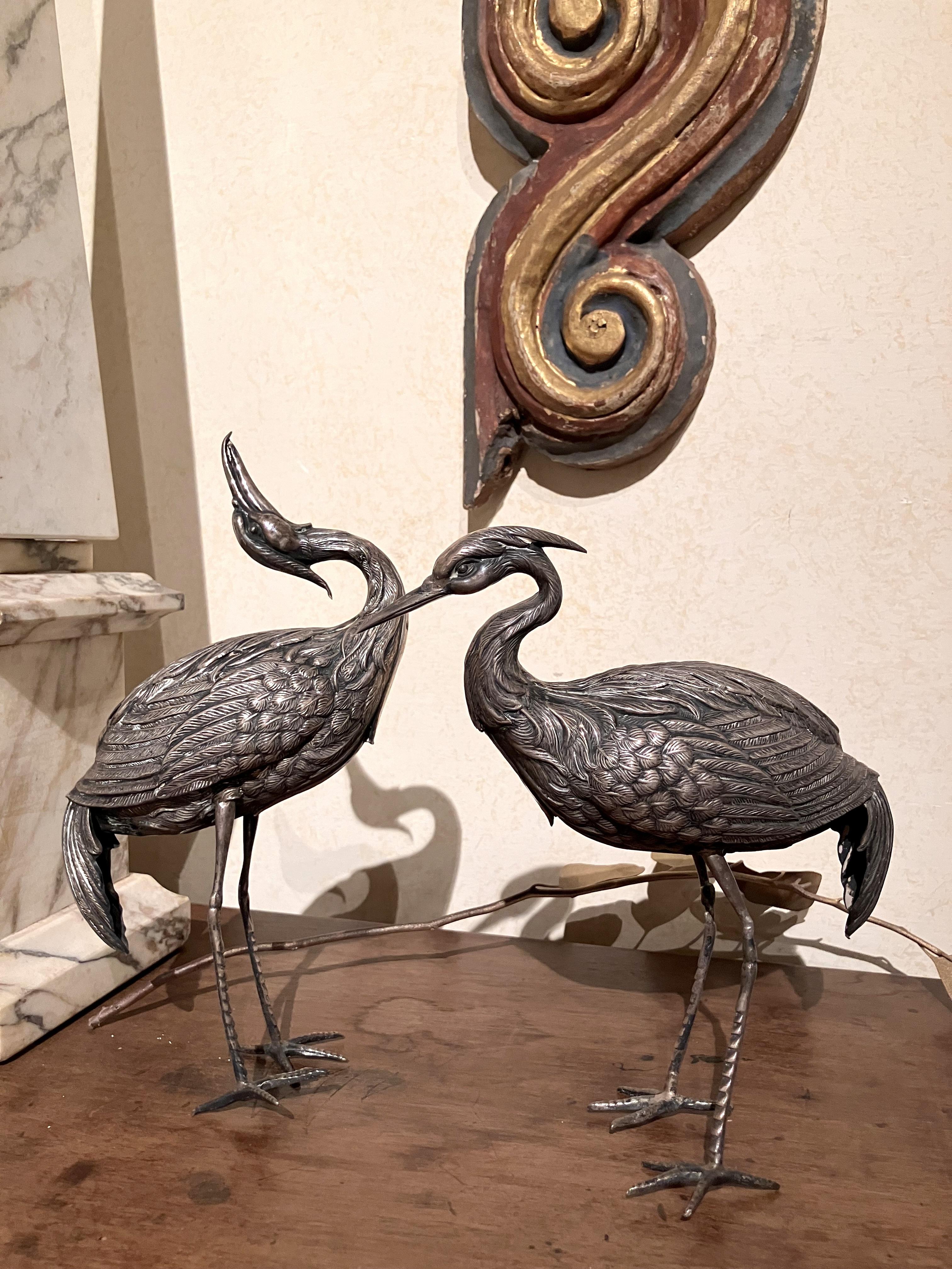A Pair of Vintage Silver Heron Birds Decorative Sculptures For Sale 5