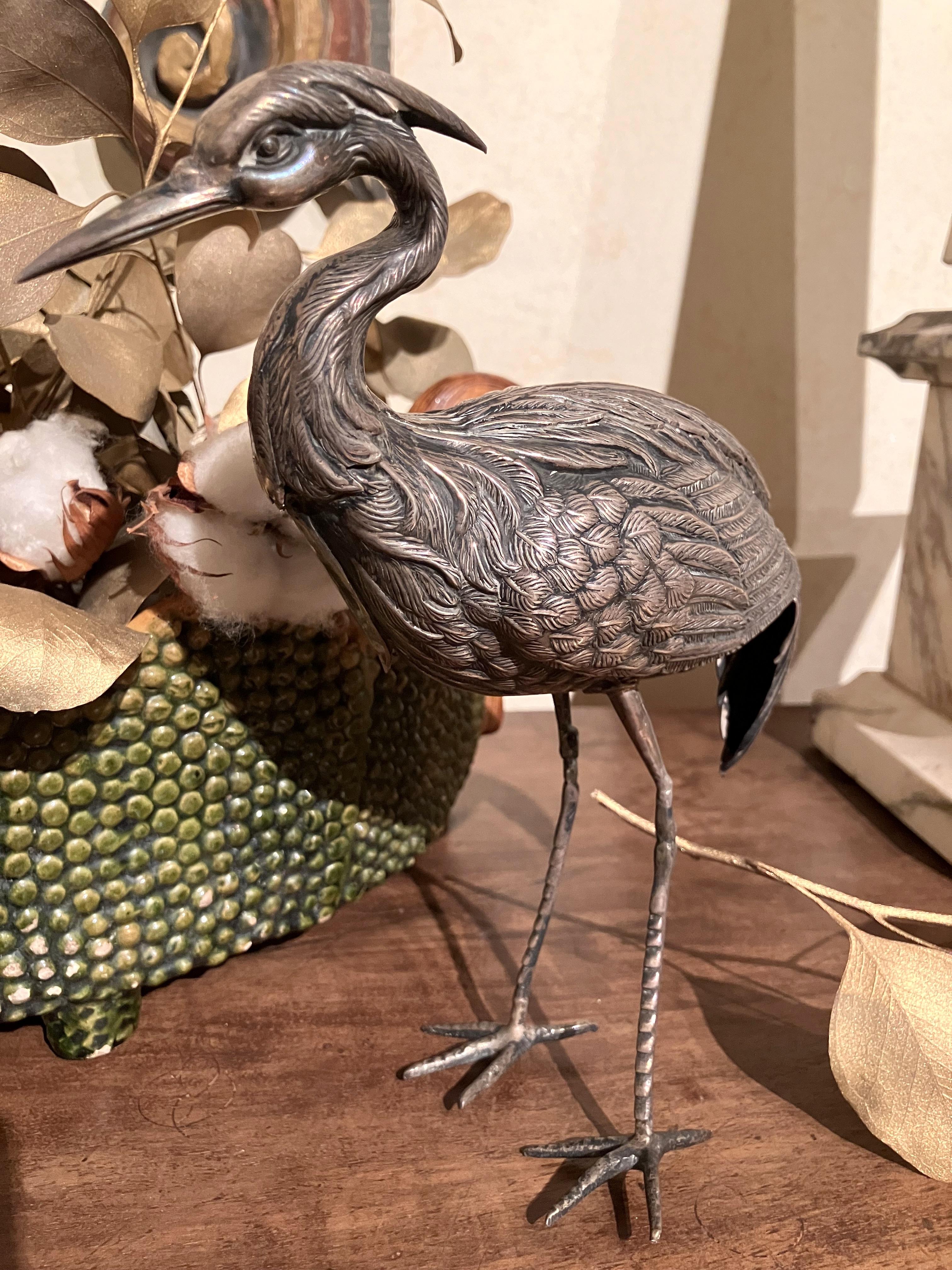 Ein Paar silberne Heronvogel-Deko-Skulpturen aus Vintage im Angebot 7