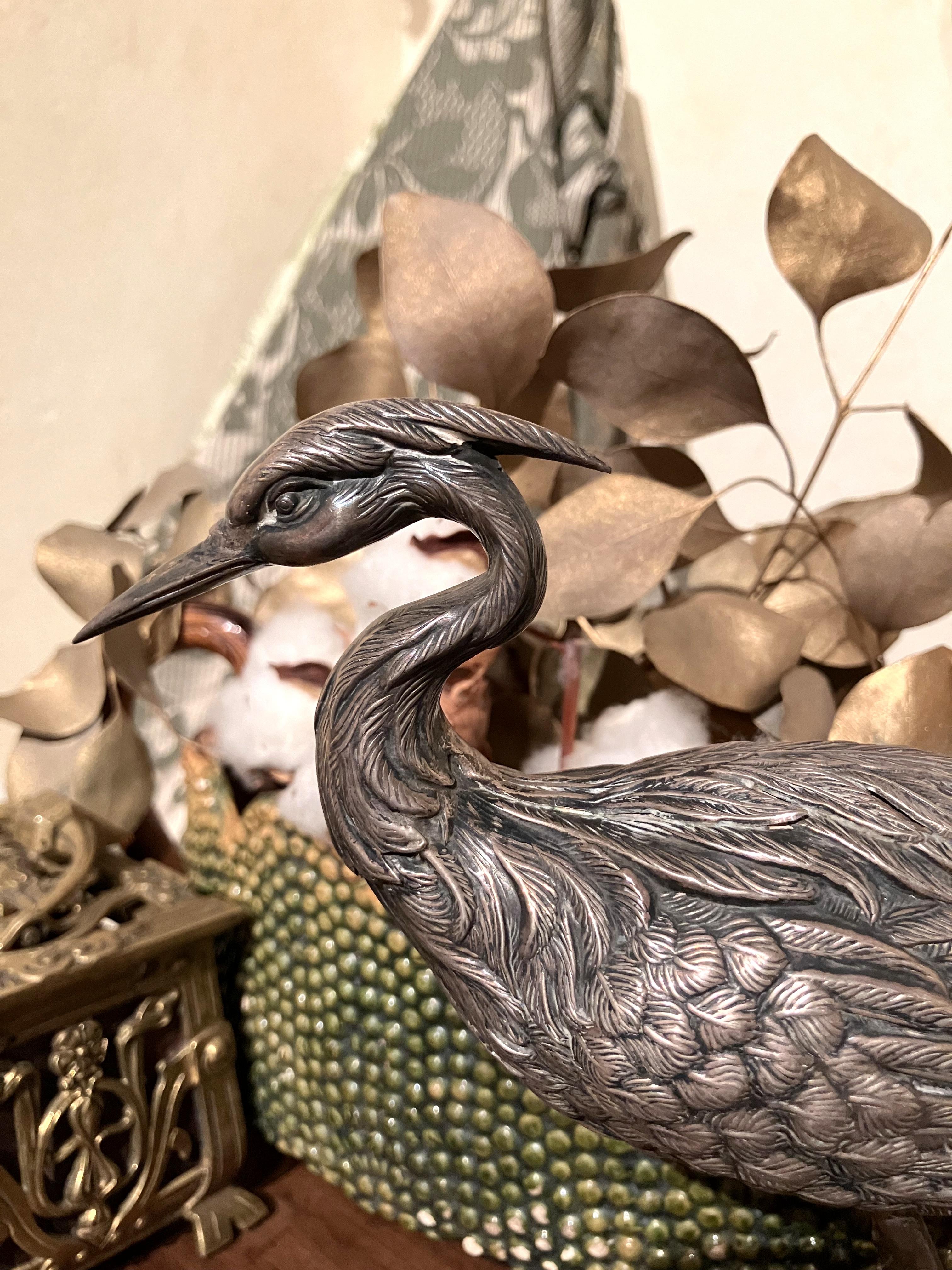 Art Nouveau A Pair of Vintage Silver Heron Birds Decorative Sculptures For Sale