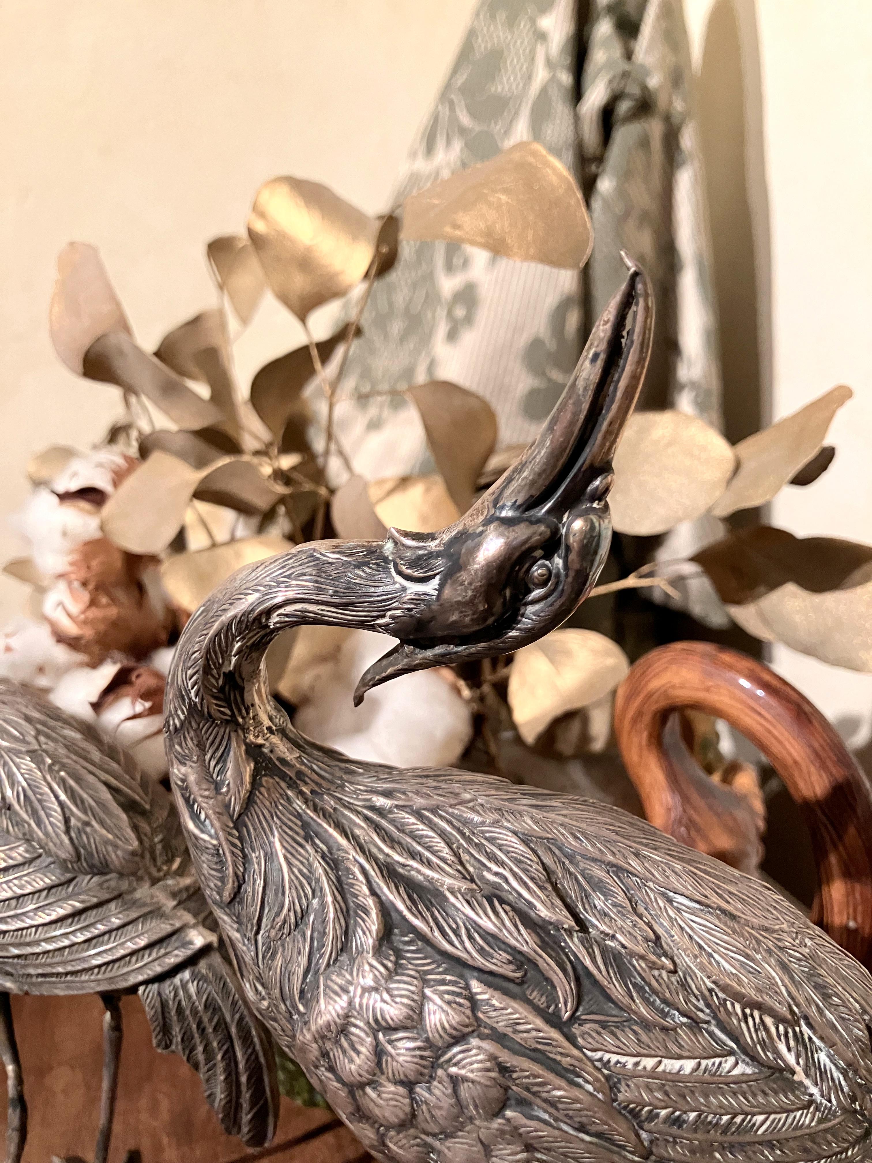 Italian A Pair of Vintage Silver Heron Birds Decorative Sculptures For Sale