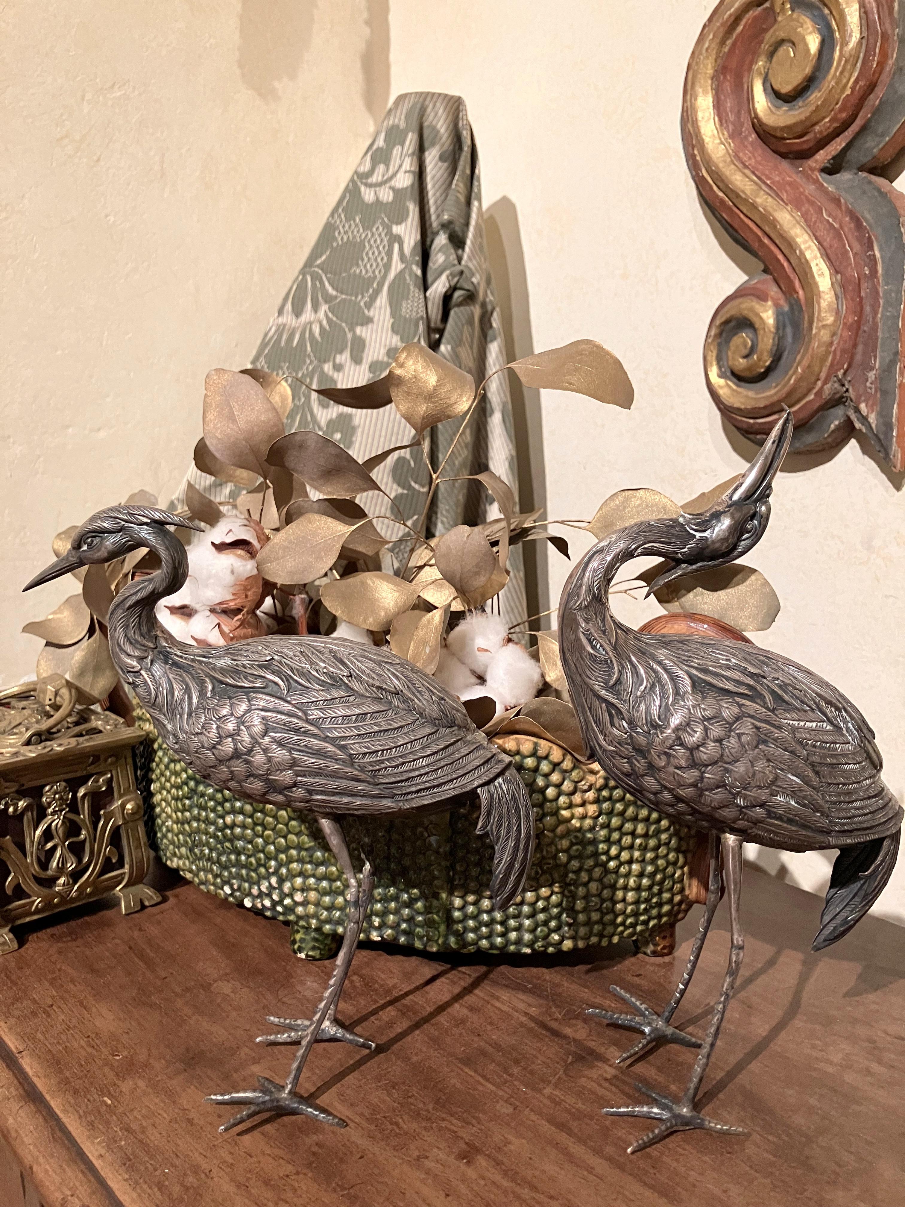 Embossed A Pair of Vintage Silver Heron Birds Decorative Sculptures For Sale