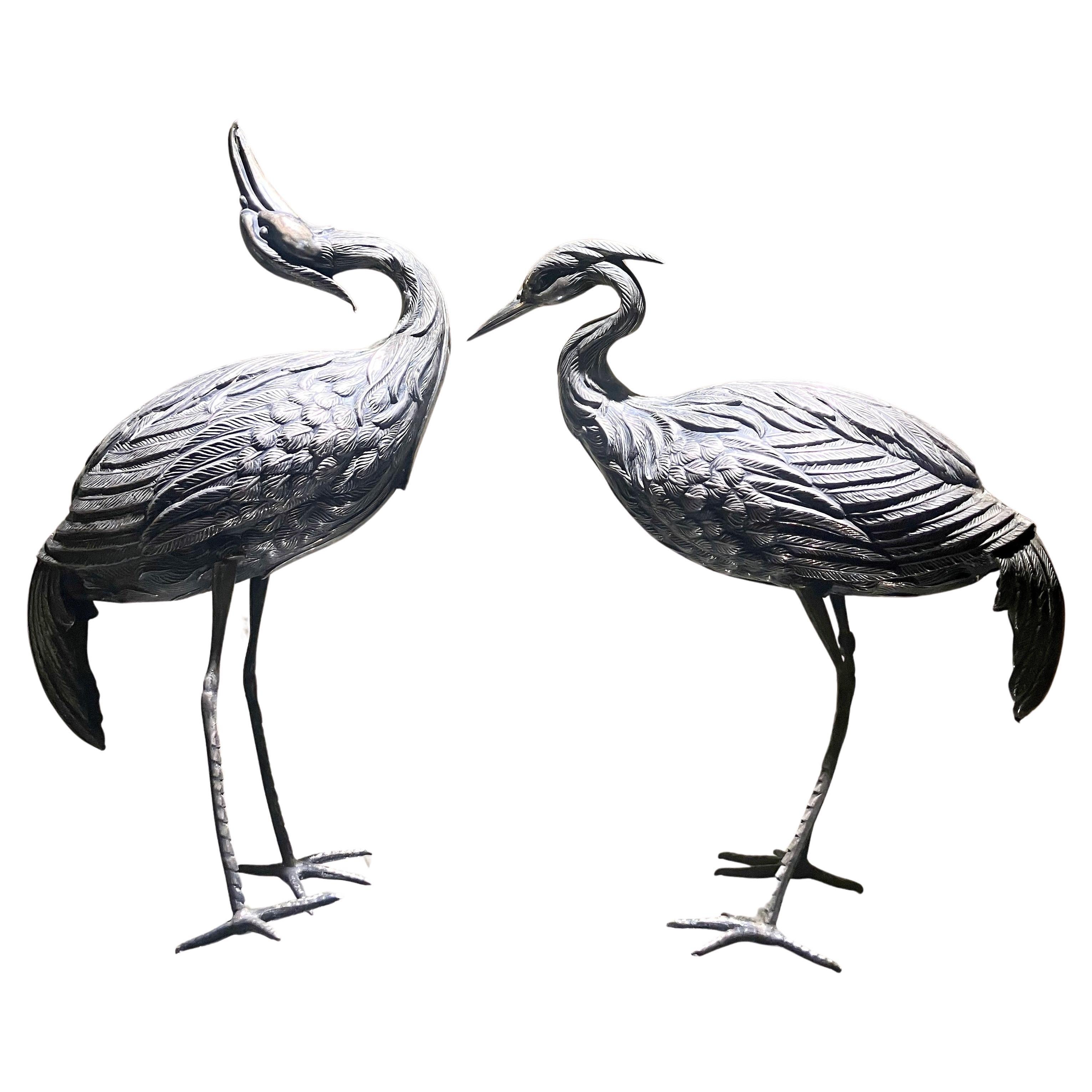 A Pair of Vintage Silver Heron Birds Decorative Sculptures For Sale