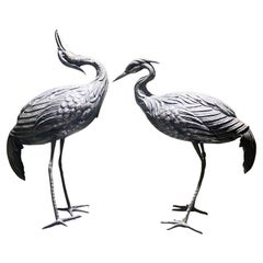 A Pair of Vintage Silver Heron Birds Decorative Sculptures