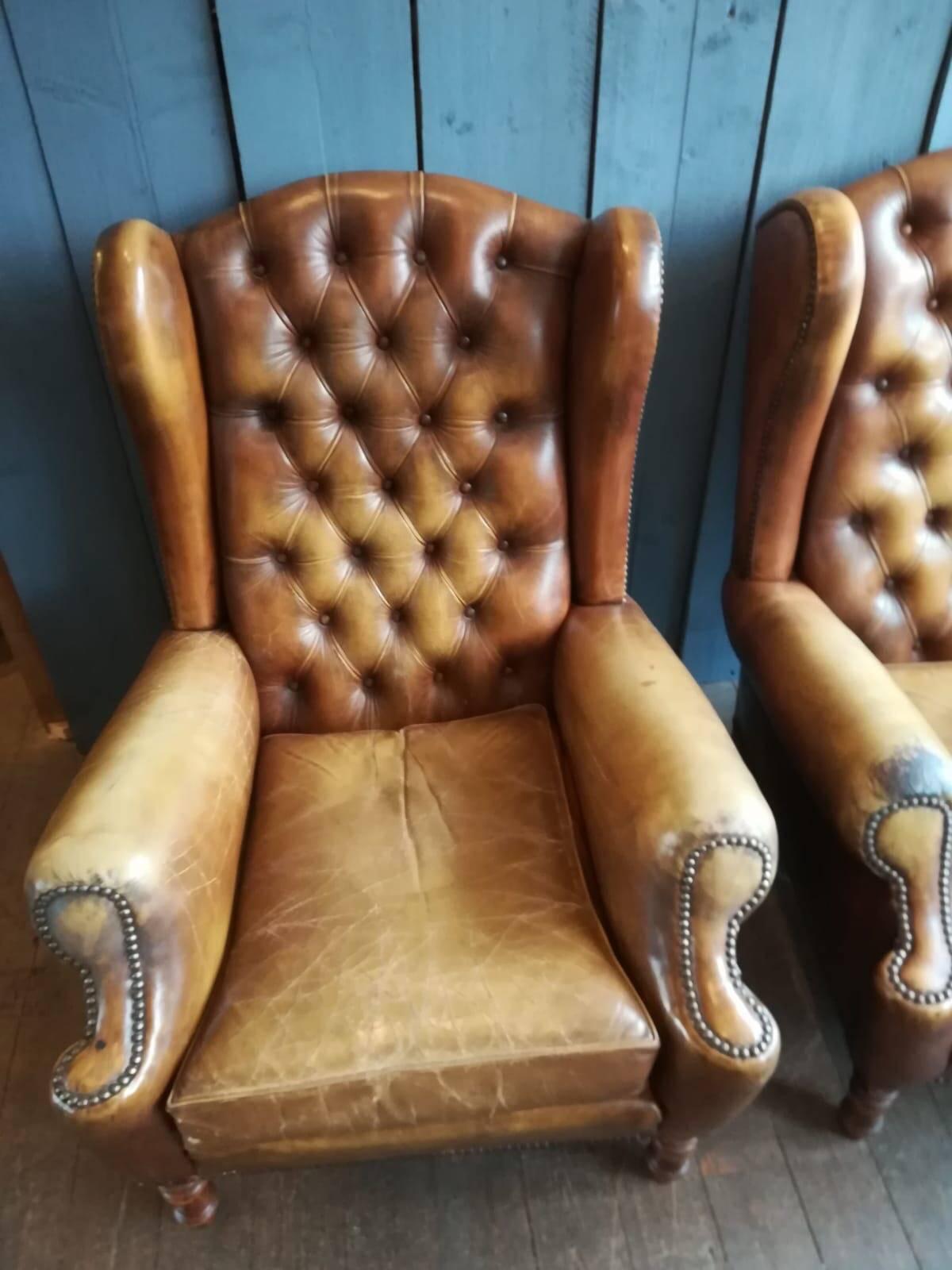 French Pair of Vintage Tan Leather Wingback Armchairs