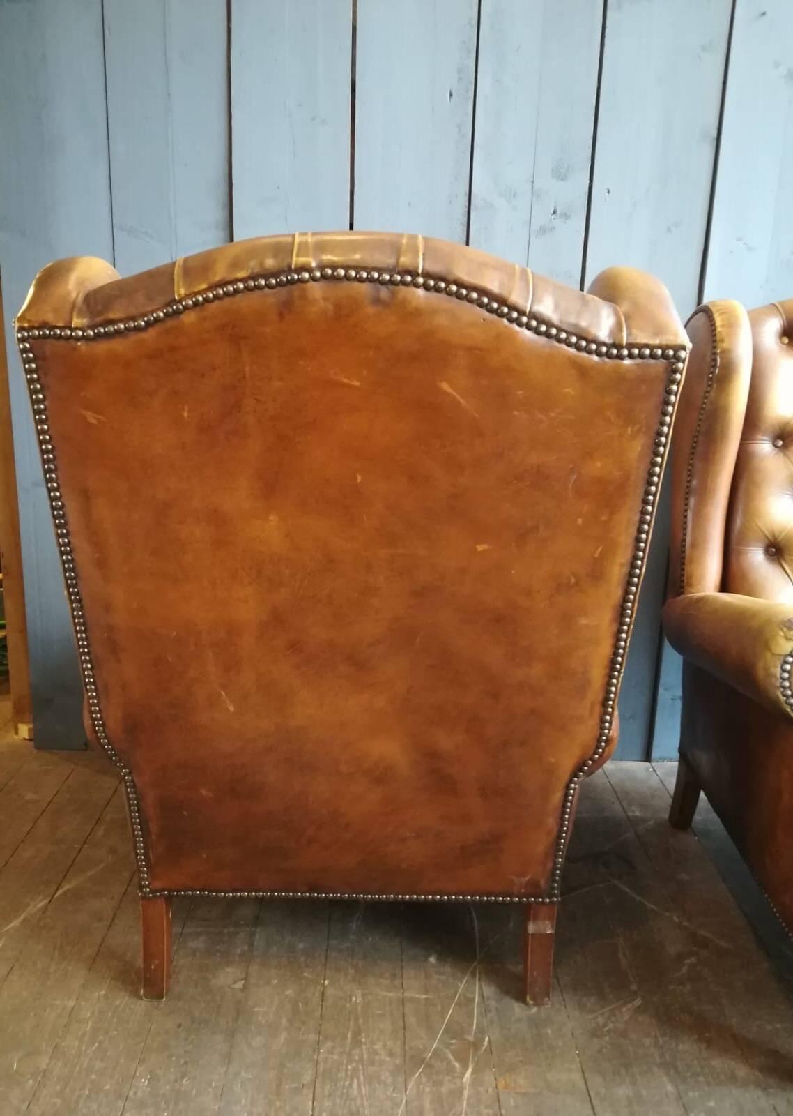 Pair of Vintage Tan Leather Wingback Armchairs 2
