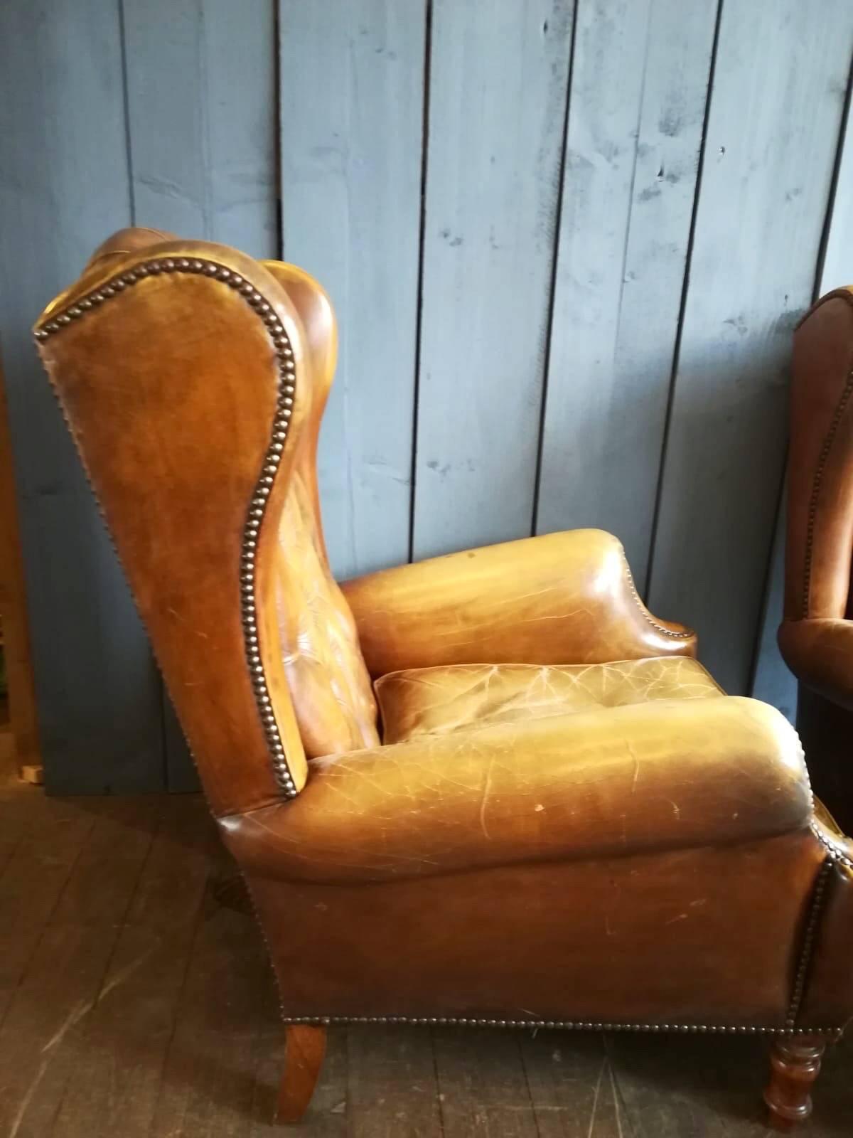 Pair of Vintage Tan Leather Wingback Armchairs 3