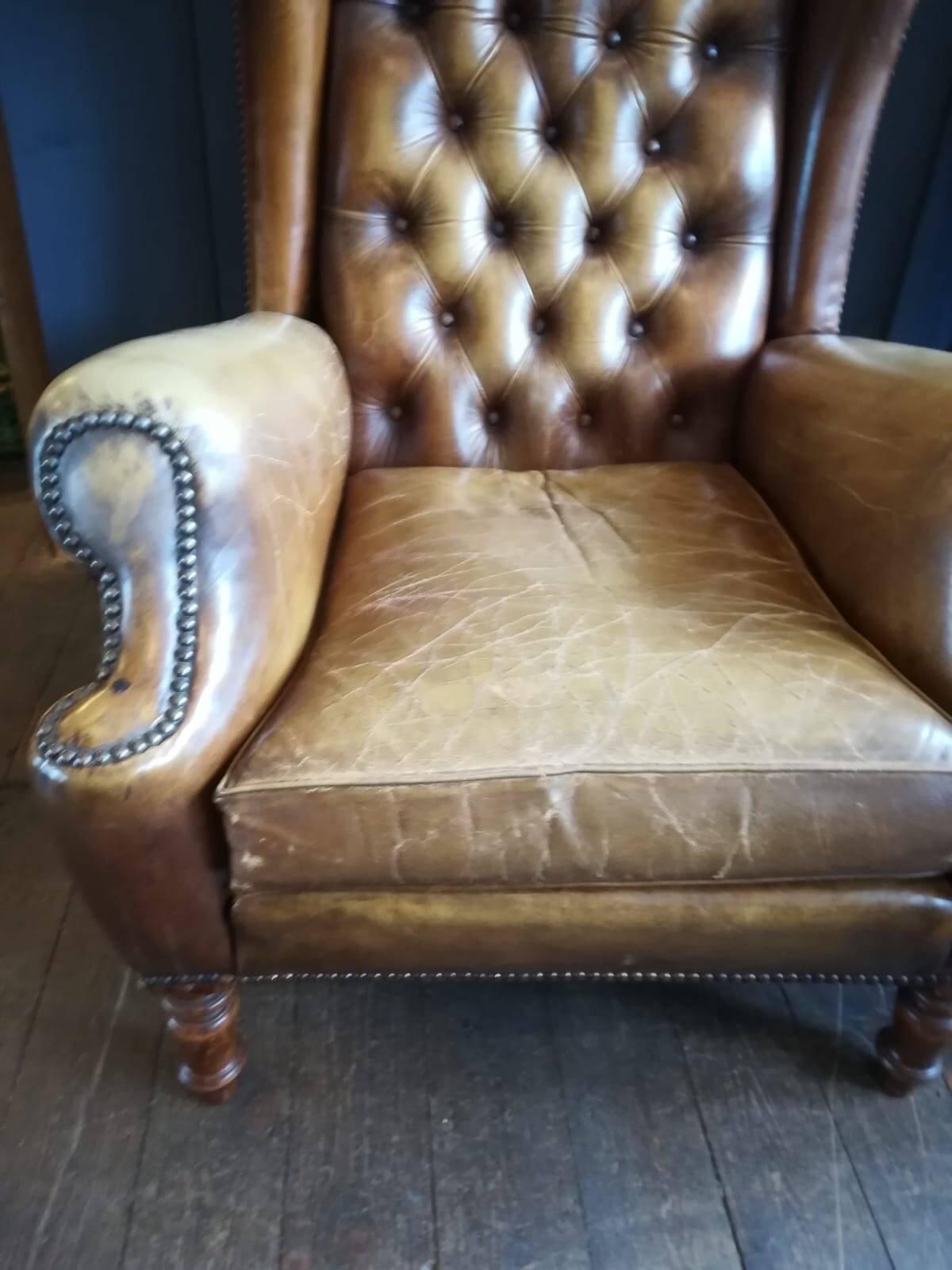 Pair of Vintage Tan Leather Wingback Armchairs 4
