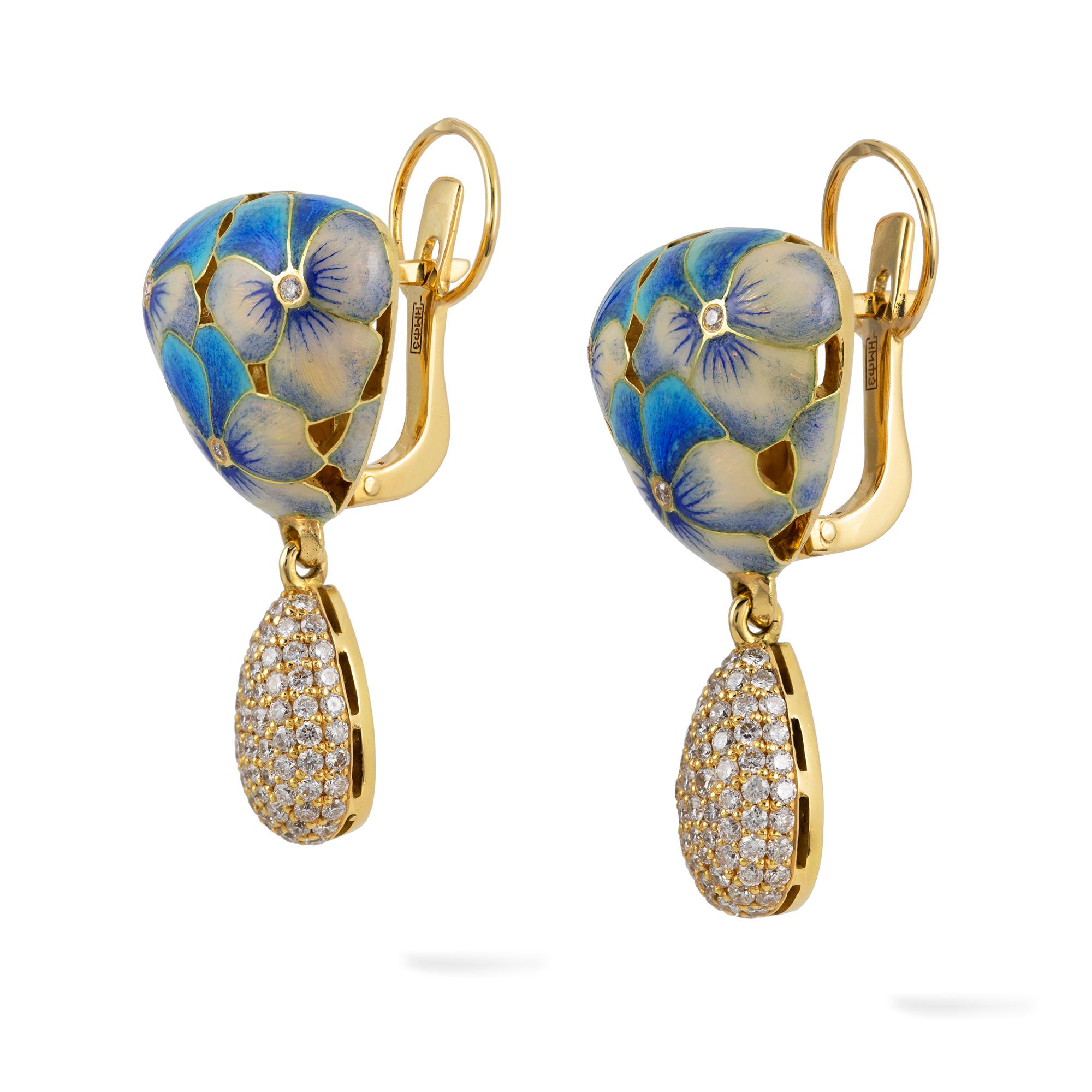 A pair of Viola Tricolor earrings by Ilgiz F, each with a triangular top of openwork design depicting three violas with champlevé enamelled petals and diamond encrusted stamens, suspending a pear-shaped drop, with diamond encrusted front and